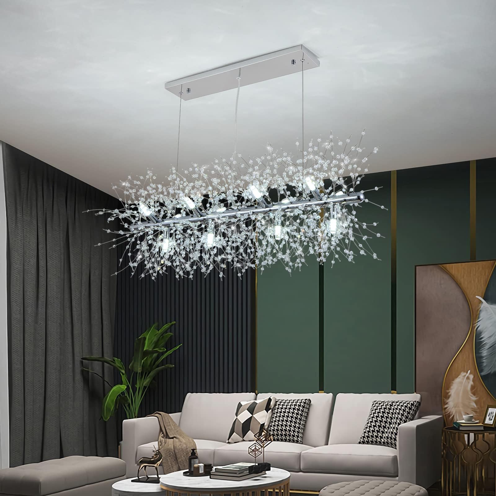 CM MZY Modern Crystal Chandeliers Firework, 12-Light Dining Room Lighting Fixtures Hanging, Chrome Sputnik Firework Ceiling Light Fixture for Dining Room Living Room Kitchen Island (L 35.5")