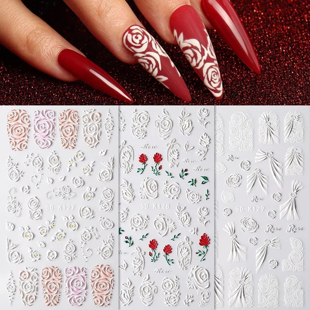 Photo 1 of (pack of 2) Flowers Nail Art Stickers 5D Embossed Stereoscopic Rose Nail Supplies White Sliders Wedding Lace Flower Self-Adhesive Nail Stickers for Women Girl Acrylic Nail Art Decorations DIY Rose Stickers