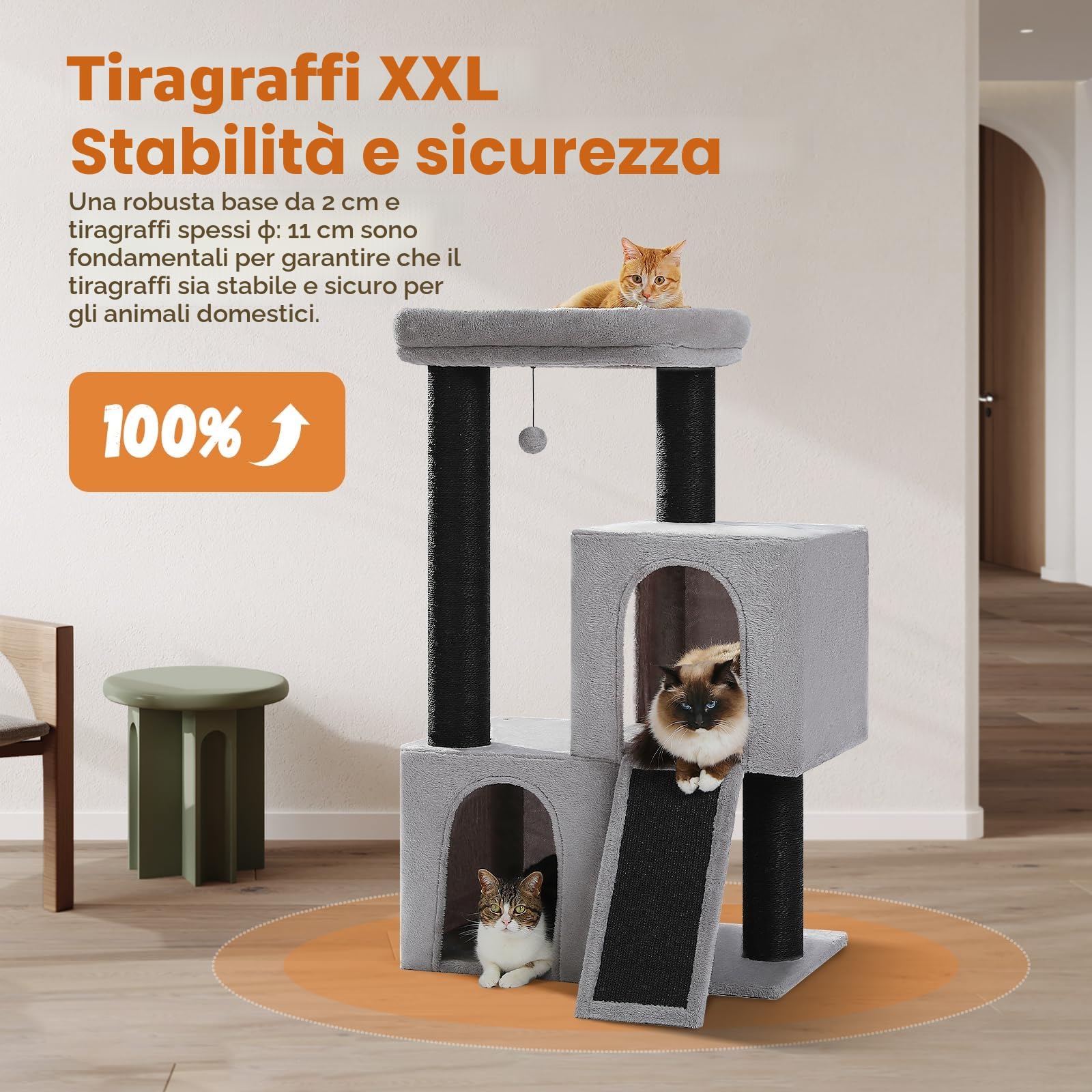 PETEPELA Grande tiragraffi spessore 11 cm tronchi con doppia grotta estremamente grande, completamente rivestito in sisal, adatto per gatti di grandi dimensioni, 114 cm, colore: nero/grigio