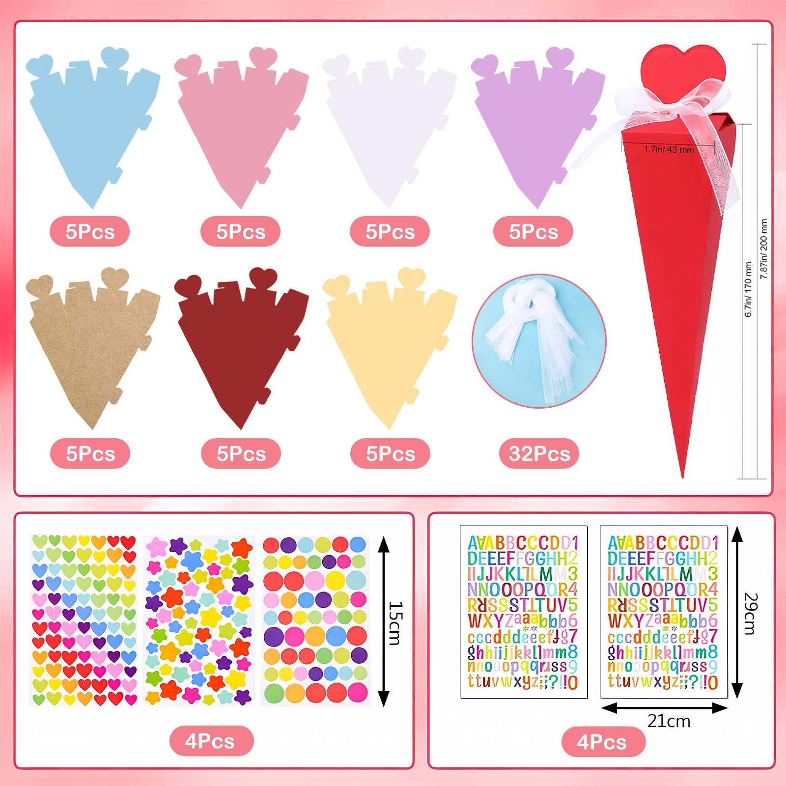 Cornet de Bonbons Forme Cônes Sac Cadeau 35 Pièces avec 16 Autocollants