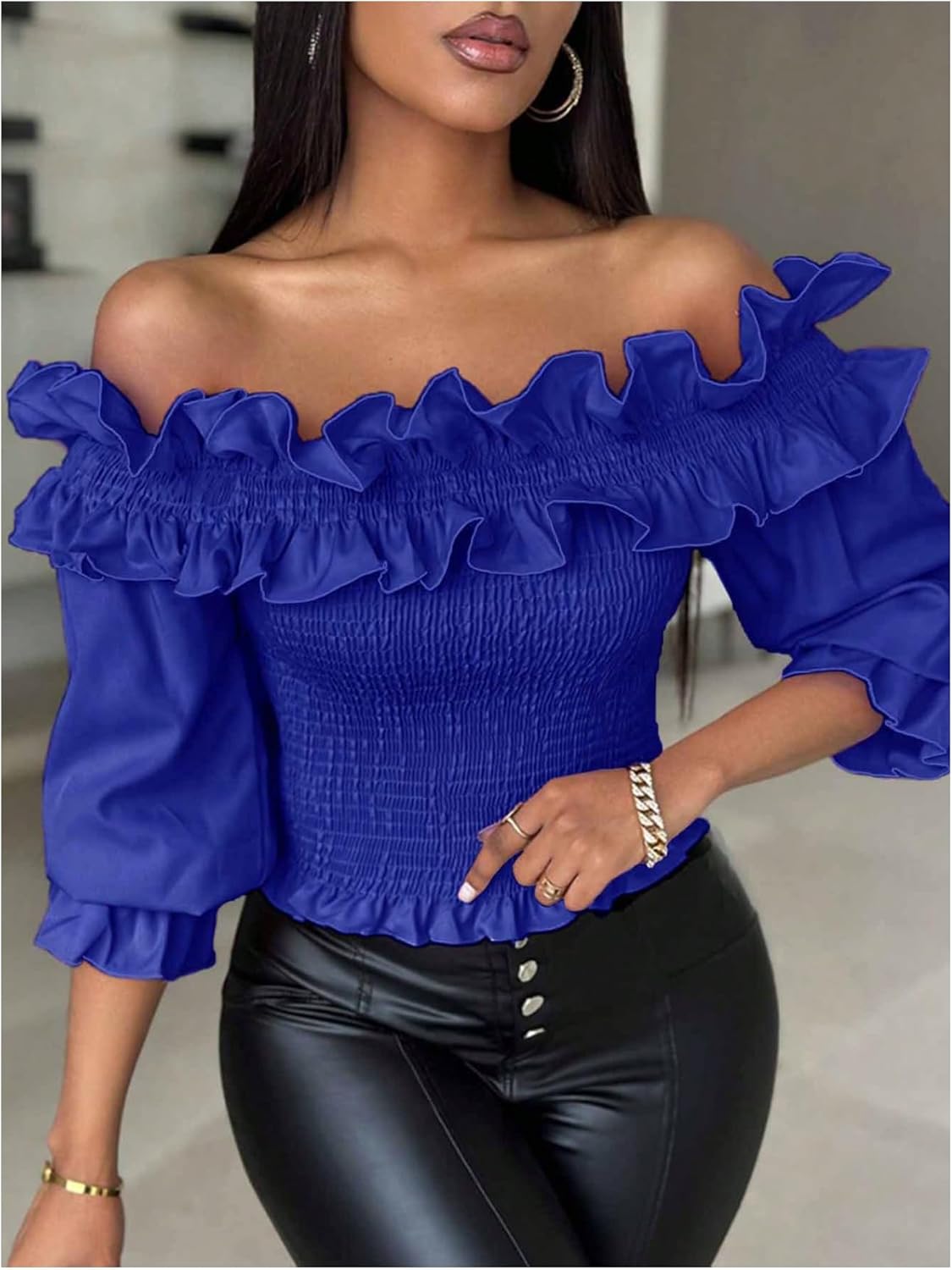 Floerns Women's Ruffle Trim Off Shoulder Flounce Sleeve Shirred Blouse Top Deep Blue - Image 2