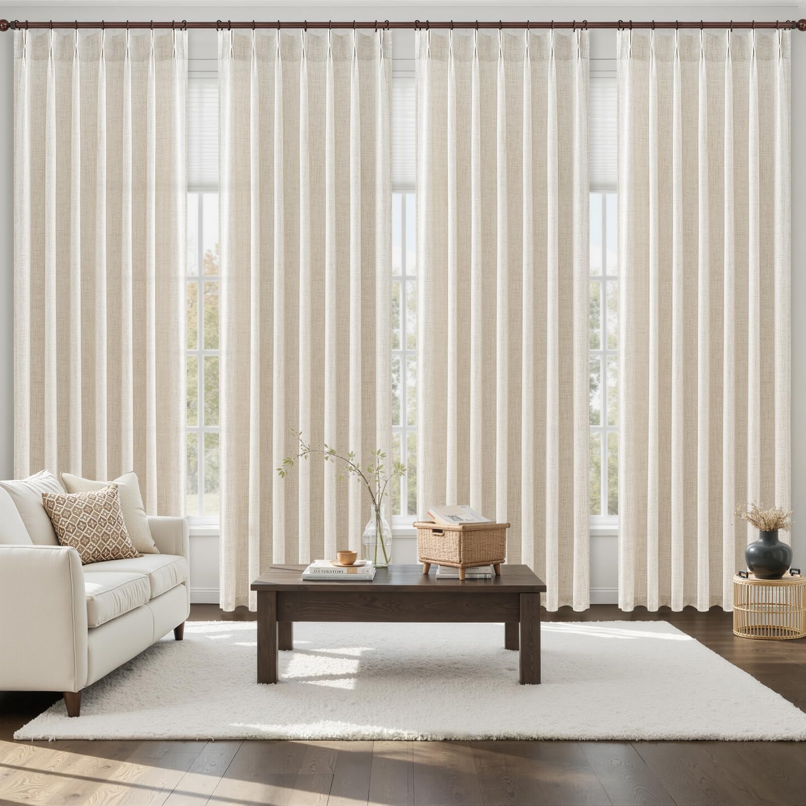 Photo 1 of LuxuNap Birch Pleated Extra Long 105 Inch Curtains for Sliding Glass Doors, Memory Shape Pinch Pleat Semi Sheer Thick Natural Linen Large Drapes Light Filtering Aesthetic Window Curtain 4 Panels Set
