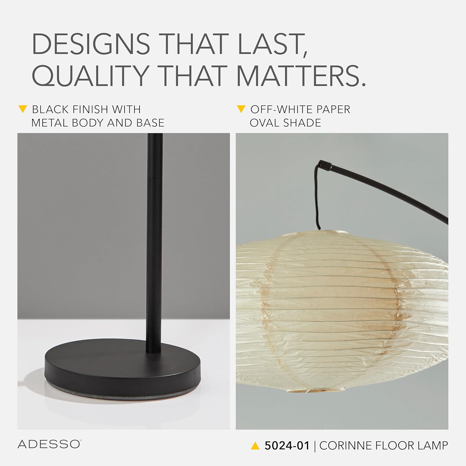 Adesso Arc Floor Lamp, 80” Tall Black Base, Oval Off-White Paper Shade – Convenient Overhead Lighting for Living Room, Nursery, Bedroom or Office