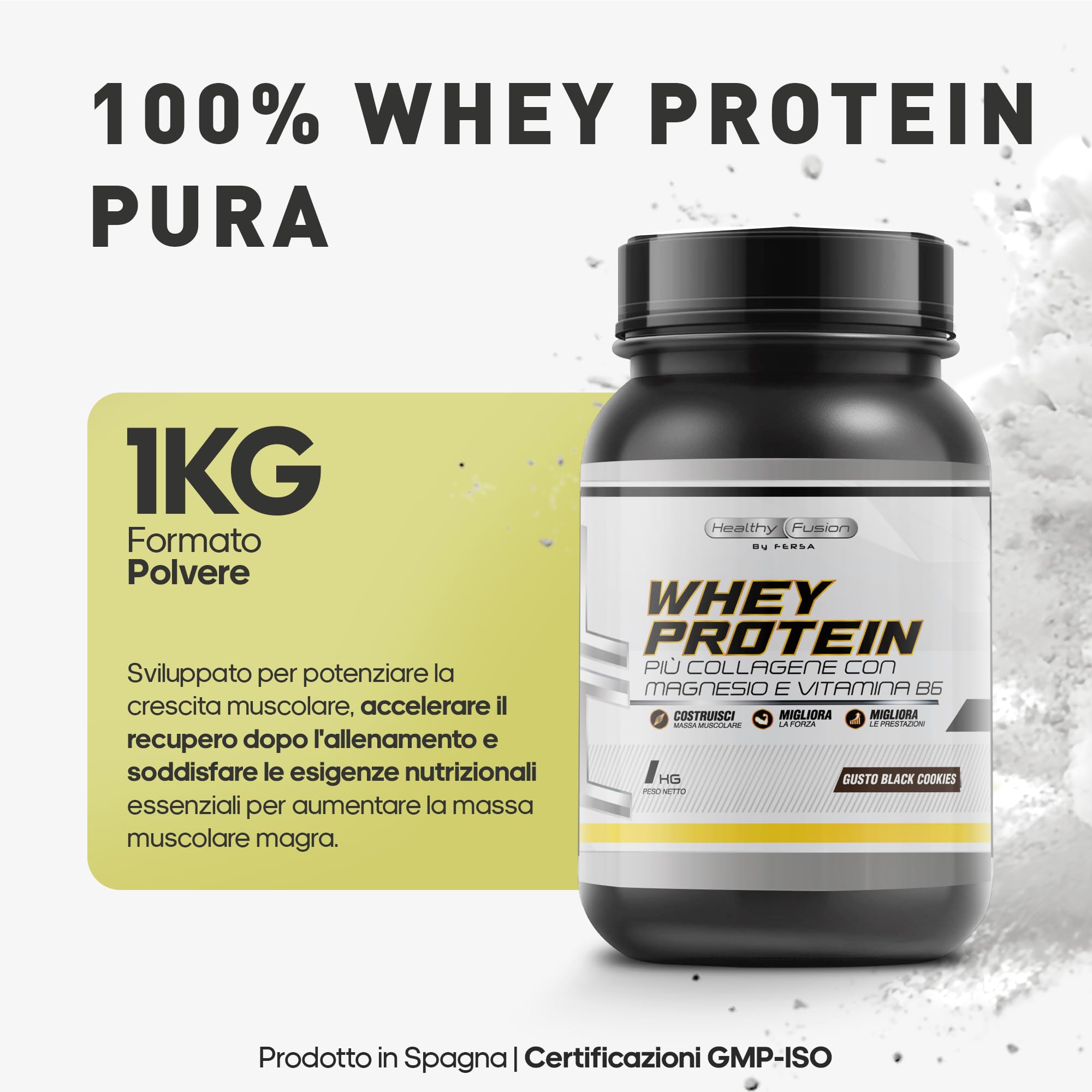 Whey Protein in Polvere Healthy Fusion | Proteina Premium 100% Pura + BCAAS + Aminoacidos | Alto Contenuto Proteico | Maggiore Crescita Muscolare, Recupero e Benessere Generale | Gusto Biscotti 1kg