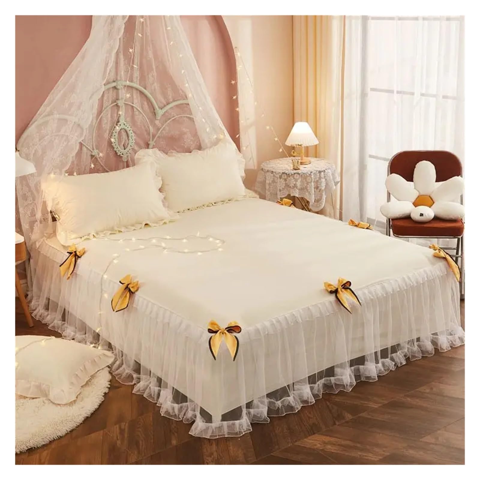 Falda de cama de encaje doble para colcha ajustada King 180x200 de alta gama