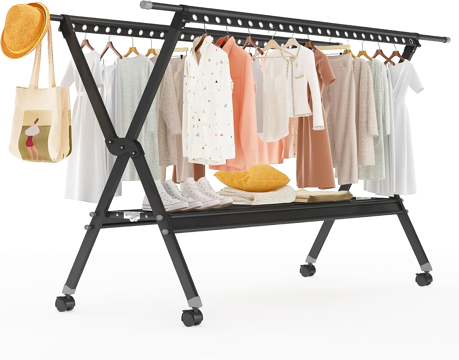 furlinkhm Clothes Drying Rack with Wheels，Clothing Folding Aluminum Alloy Laundry Drying Racks, Foldable Portable Indoor Outdoor Garment Rack with 48 Windproof Hooks（Black）