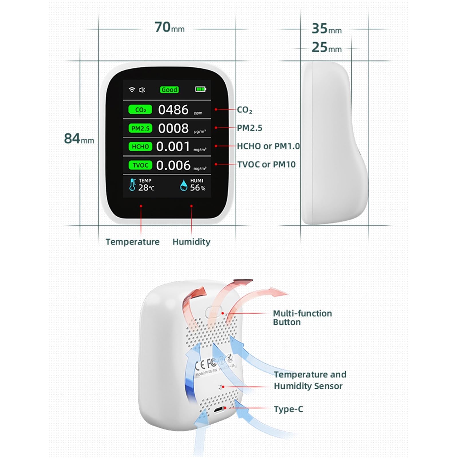 Detektor gazu, Wifi Przenośny Miernik Jakości Powietrza 8w1 PM1.0 PM2.5 CO2 TVOC HCHO Tester Temperatury I Wilgotności Kolorowy Ekran LCD Carbon, dla domu