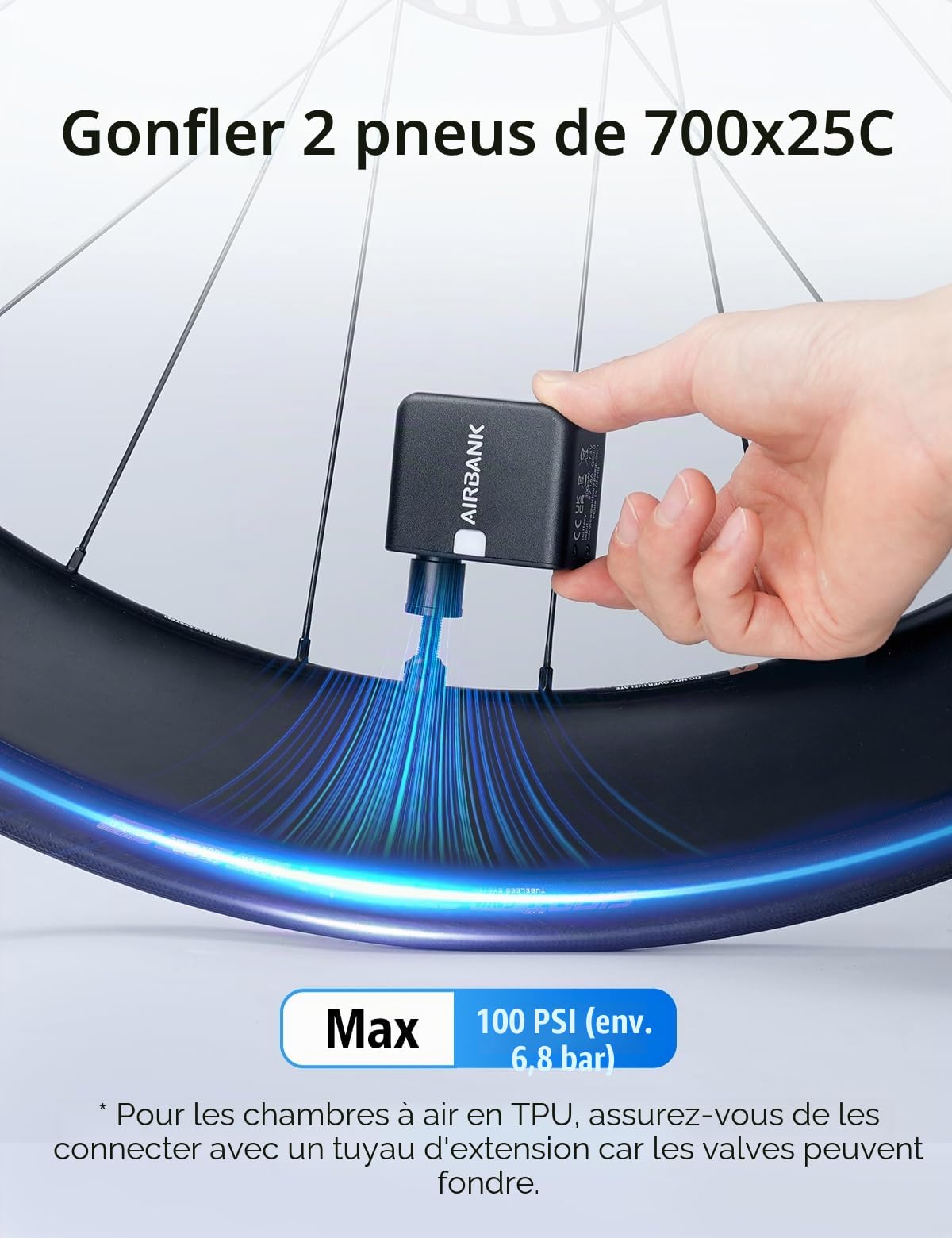 AIRBANK Pompe à air de Pocket pour vélo électrique Mini compresseur de Batterie 97 g 100 psi Petite Pompe à vélo pour Tous Les vélos