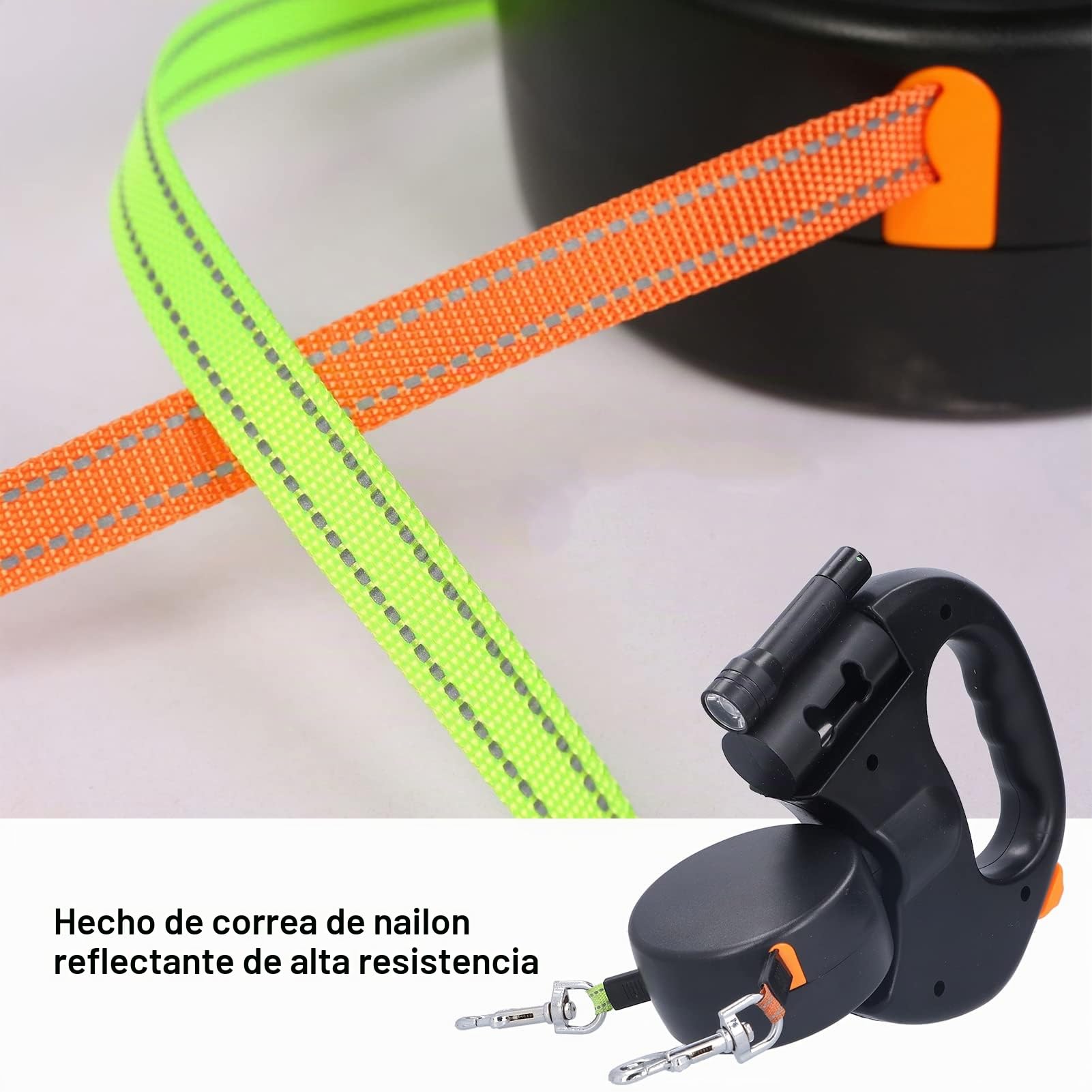 Correa Doble para 2 , Correa para enrollador para hasta 25 kg/55 Libras, Cinta de Nailon sólido Extensible con Costuras Reflectantes Luminosas, 360º sin