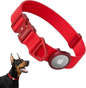 Dog Collar Pro and Engraved Airtag Holder Set, Heavy Duty Adjustable Lightweight Dog Collar with Quick Release Metal Buckle, Personalized Dog Airtag Collar Dogs Vivid Red, M