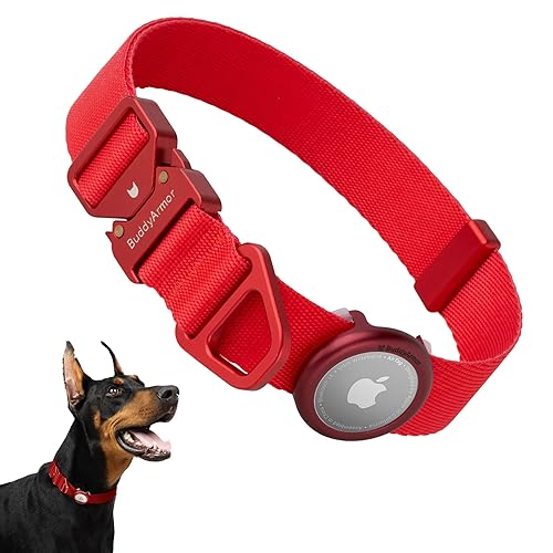 BuddyArmor Dog Airtag Collar Adjustable Soft Nylon Lightweight Dog Collar Quick Release with Alloy Buckle, Airtag Holder Case Airtag Dog Collar for Medium Large Dogs (Vivid Red, M)