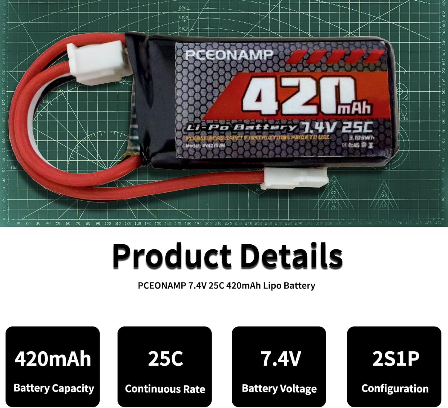 2S Lipo Battery 420mAh 7.4V for FCX24 25C with Molex Plug Rechargeable High Capacity RC 7.4V Lipo Battery Fit for 1/24 Scale RC Cars Trucks with 1 USB Charger
