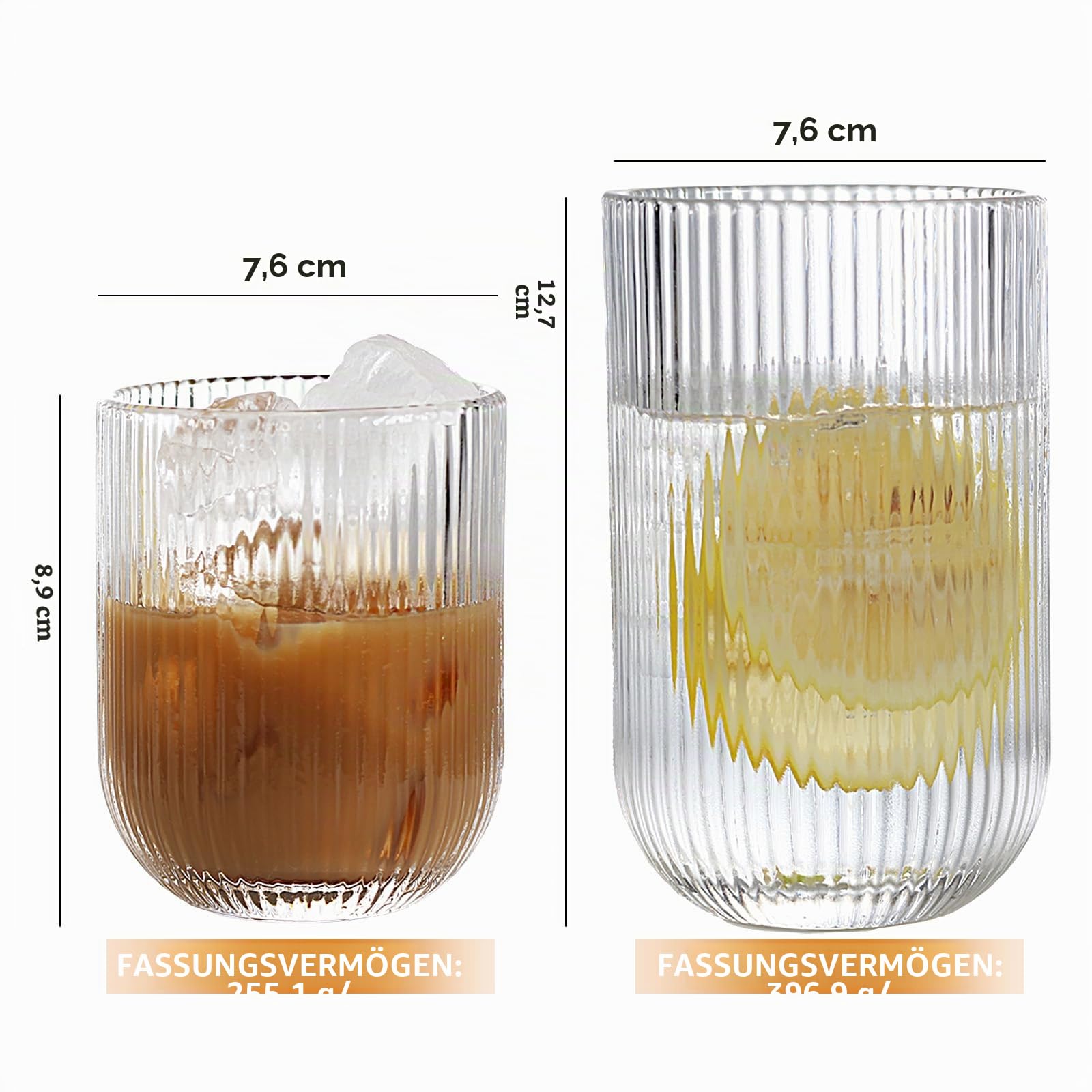 Set mit 8 gerippten Glaswaren, 4 Highball-Gläser 410 ml & 4 Rocks Trinkgläser 270 ml, klar, Origami-Stil, geriffeltes Design, für Milch, Wasser, Cocktail, Saft, Bier, Zahnbürstenbecher