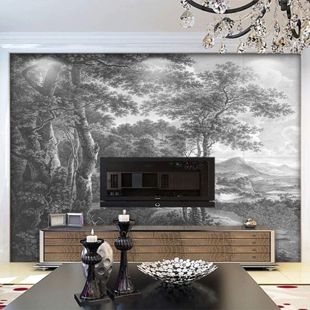 Carta Da Parati,Retro Alberi ali In Bianco E Nero Paesaggio Grande Carta Da Parati Autoadesiva Buccia E Bastone Carta Di Contatto Staccabile Vinile Murale Adatto Per Camera Da Letto Decorativa