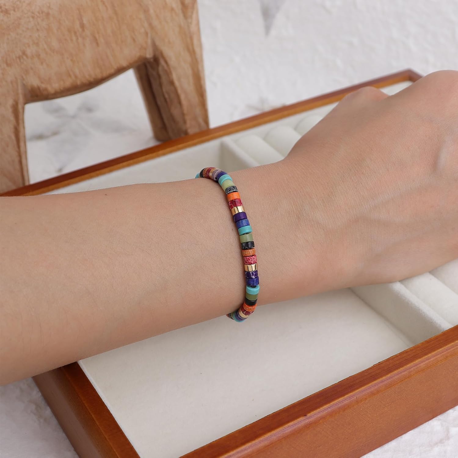 Healing Crystal Rainbow Bead Adjustable Bracelets for Woman，Natural Colorful Gemstone Beaded Beach Surfer Summer Jewelry Gifts - Image 2