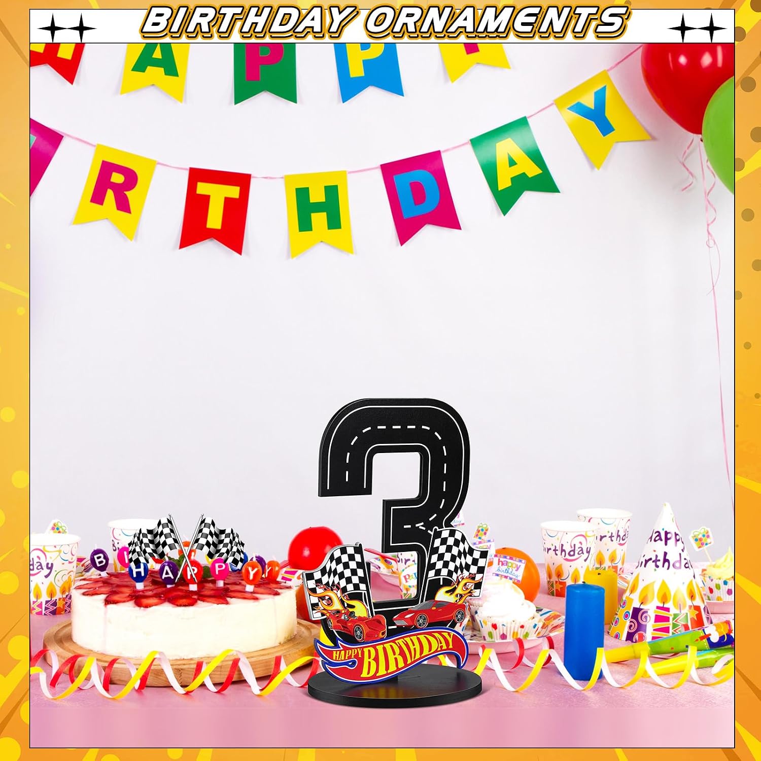 MiniInflat Race Car 3rd Birthday Number Sign Centerpiece Race Car Theme 3rd Birthday Party Supplies Wooden Table Decoration Photo Props for Boys Three Years Old
