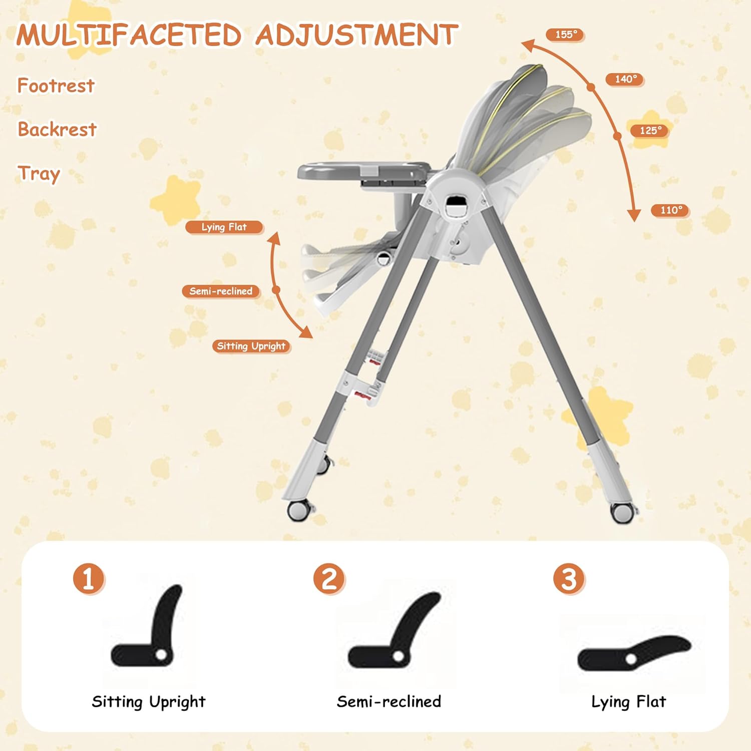 High Chairs for Babies and Toddlers, Foldable High Chair with Lockable Wheels, 4-in-1 Convertible, Adjustable Reclining Seat with Leg Rest & 5-Point Harness, Soft Cushion, Portable When Folded, Gray