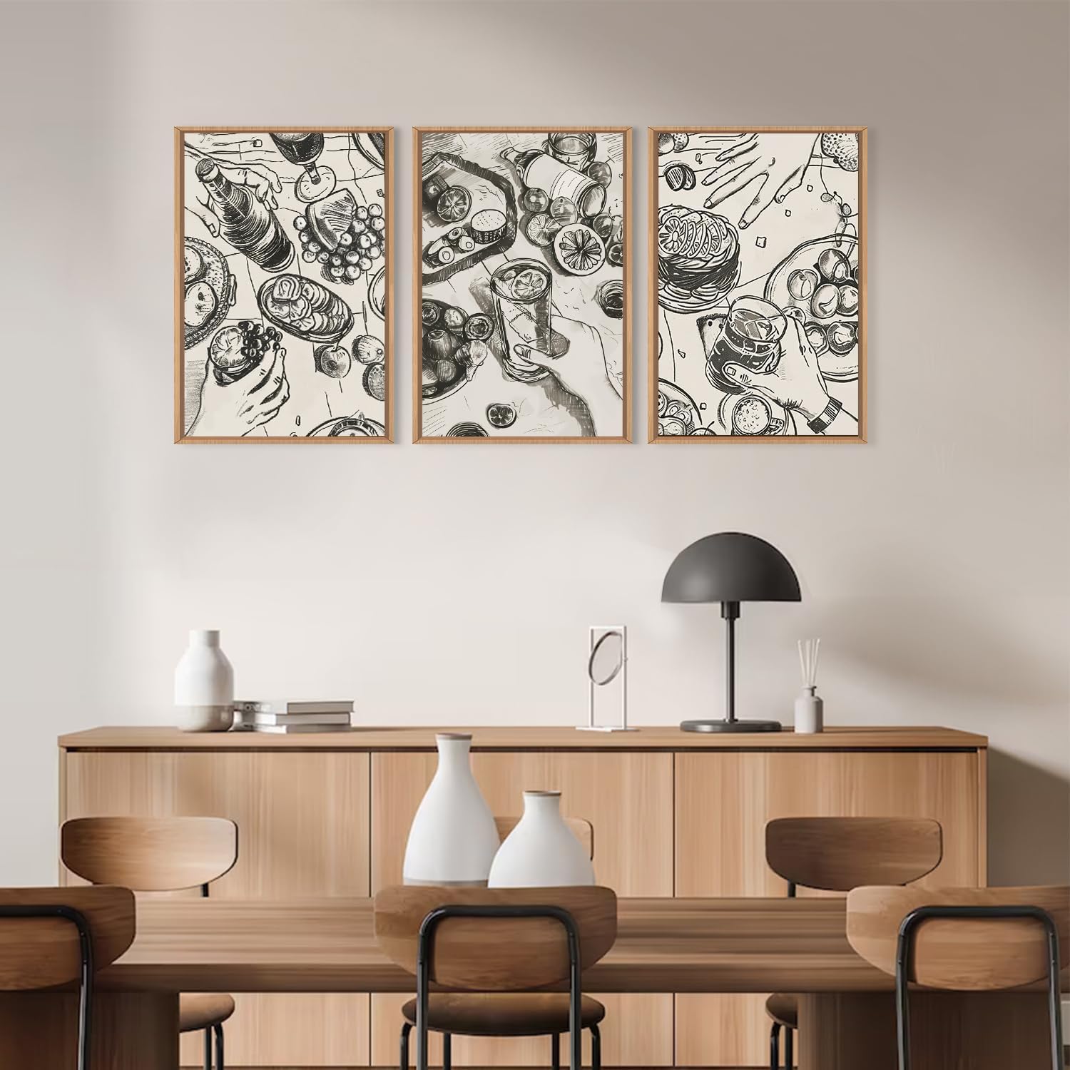 LHIUEM Large Retro Sketch Cheers Framed Canvas Wall Art,Food and Drink Wall Decor,Mid Century Gatherings Dinner Wall Painting,Abstract Black and White Art Prints for Kitchen,Dining Room - 16"x24"x3 - Image 3