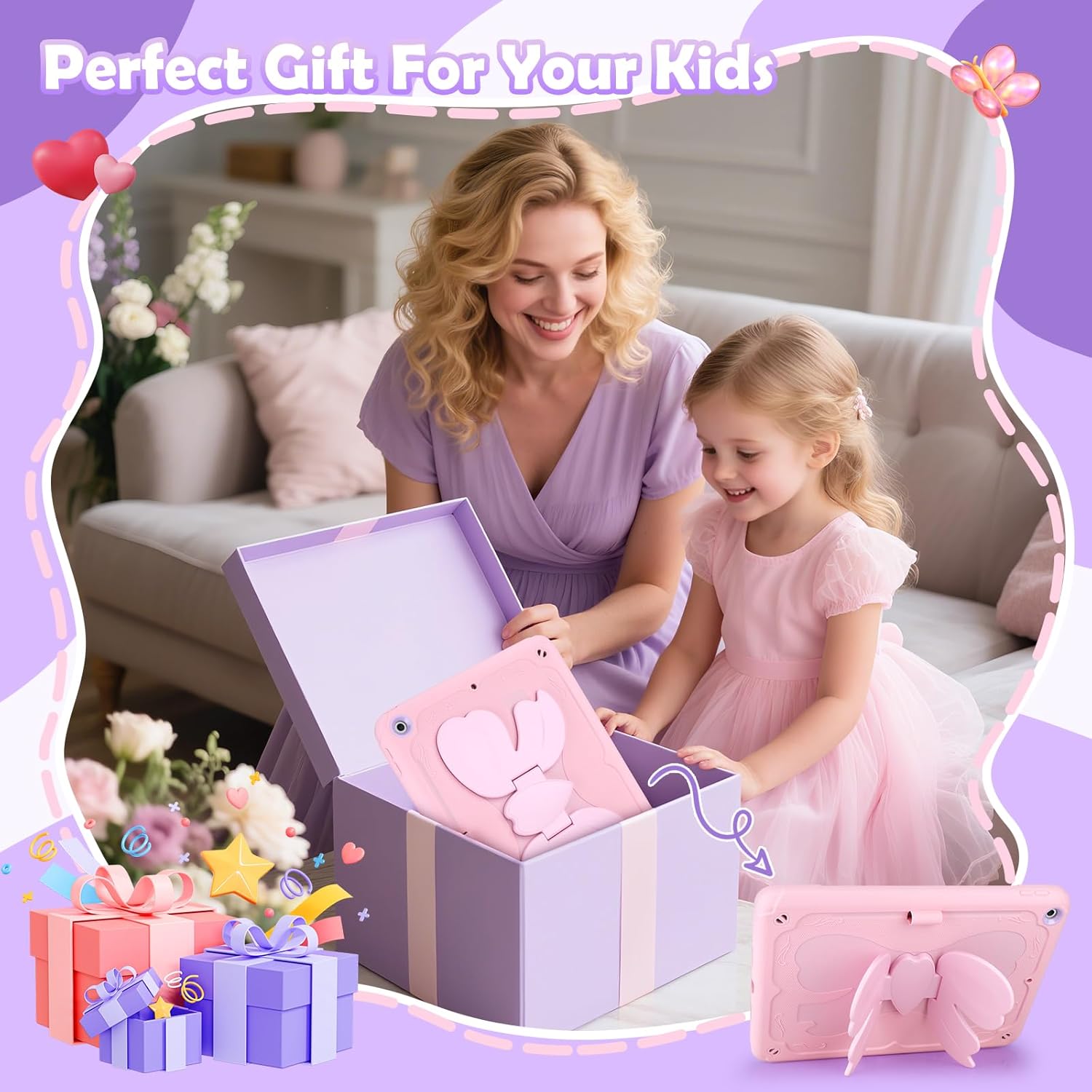 for iPad 9th Generation Case 8th Generation 7th Generation 2021 2020 2019 for Kids Girls with Pencil Holder Shoulder Strap Pink Butterfly Protective 10.2 inch iPad Case 9th 8th 7th Gen Cover