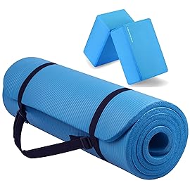Fitvids All Purpose 1/2-Inch Extra Thick High Density Anti-Tear Exercise Yoga Mat with Carrying Strap and Yoga Blocks, Blue