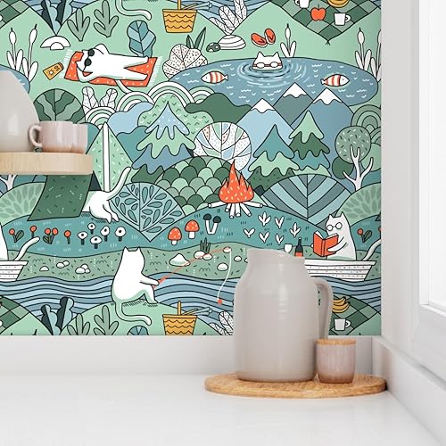 Miniatura 8 de Spoonflower Peel & Stick Wallpaper 9ft x 2ft - Day Lake Restores Nature Animals Cat Summer Picnic Cats Custom Removable Wallpaper
