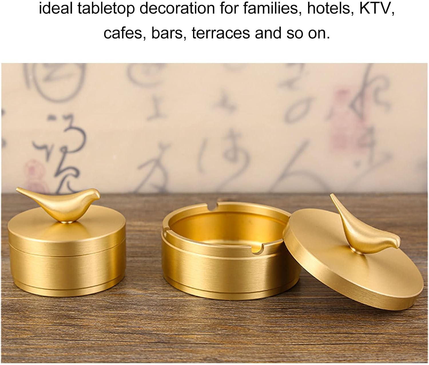 GLOGLOW Gold Ashtray with Lid for Cigarettes, Decorative Brass Tray for Home Office Table Decor, Outdoor Patio Windproof Smokeless Odorless Cigarette Holder