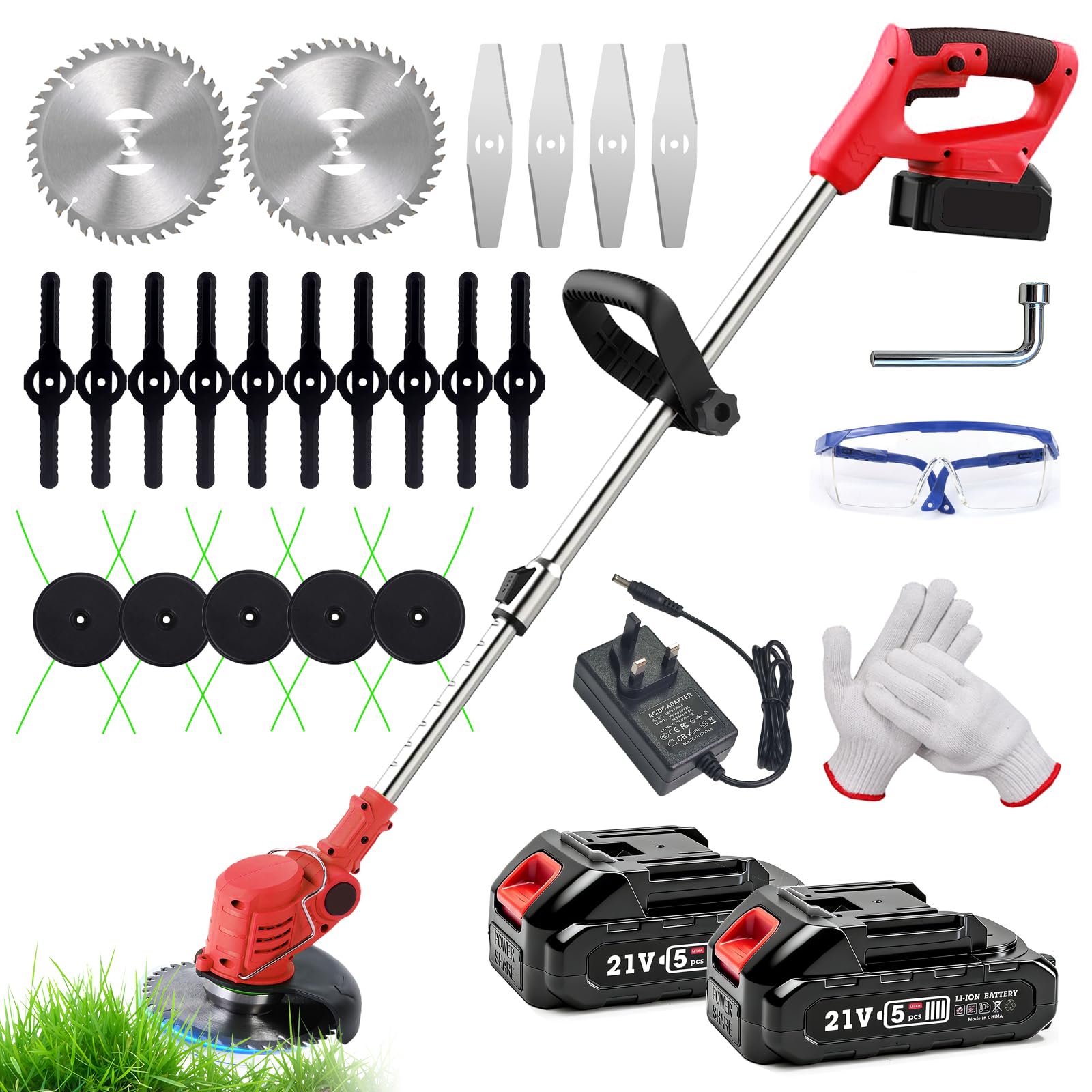 Cordless Strimmer Grass Trimmer with 2*Battery and Charger, Lightweight Strimmer Cordless, Battery Strimmer 21V MAX, Garden Strimmer Adjustable Head and Telescopic shaft for Lawn, Edges, Weeds
