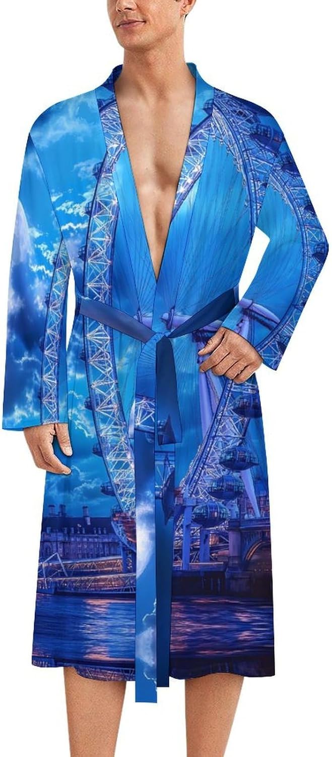 London Eyes in Night Moon Mens Robe Long Bathrobe for Women Bath Robes Lightweight Soft Printed Sleepwear