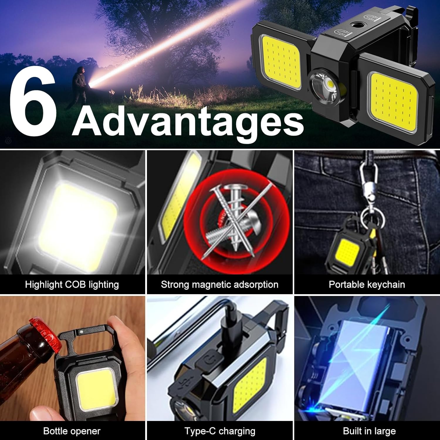 SEFONE Upgrade 2Pcs Cob Keychain Work Light 5 Modes, 90° Foldable Lamp, 1000 Lumens Rechargeable Mini Flashlight with Bottle Opener Magnet for Outdoor Camping Fishing Hiking, Gifts to My Man
