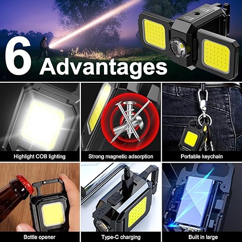 Miniatura 4 de SEFONE Paquete de 2 llaveros de luz de trabajo con 5 modos, lámpara plegable de 90, mini linterna recargable de 1000 lúmenes con imán de abridor de