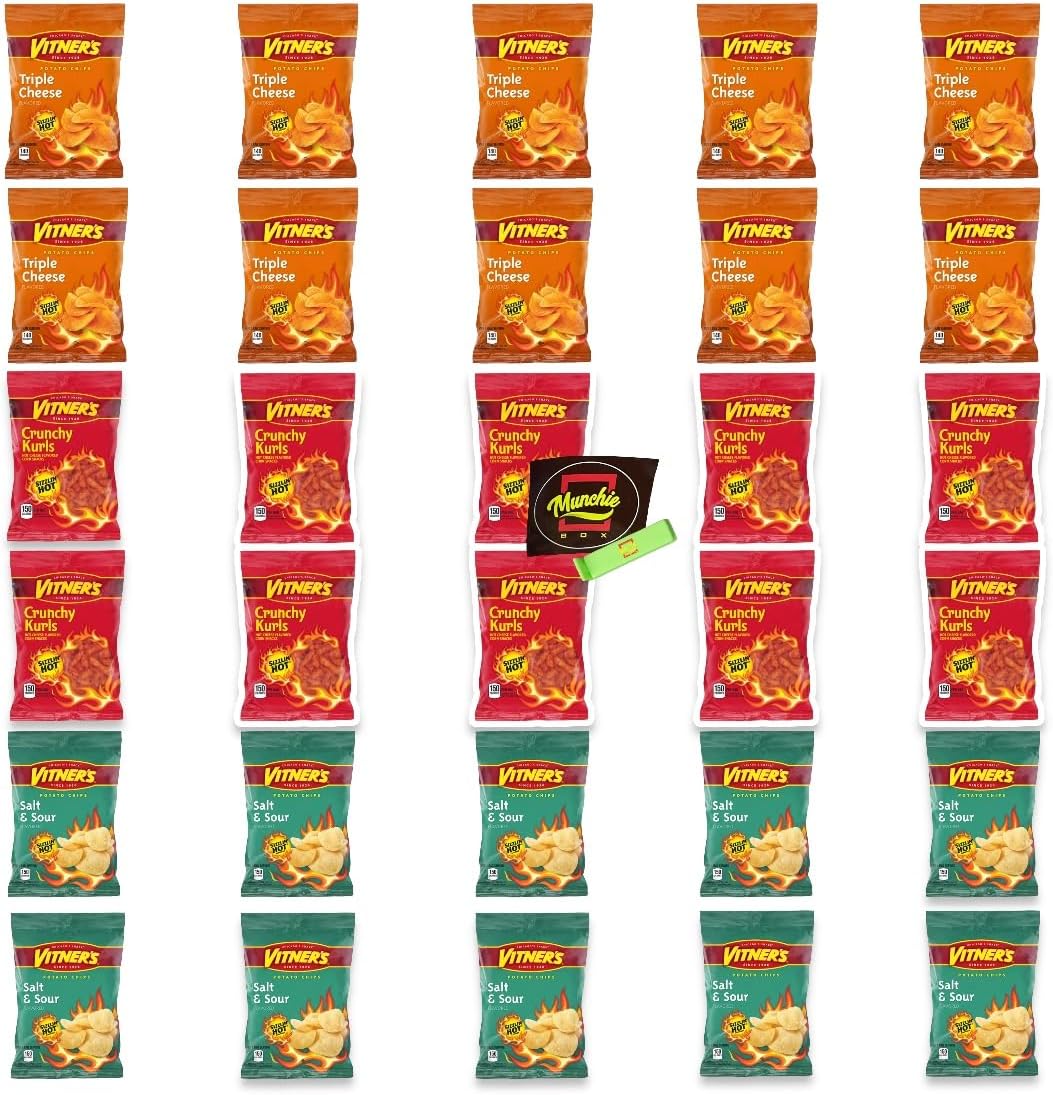VITNER'S Sizzlin' Hot Assortment! Crunchy Curls, Triple Cheese, & Salt & Sour 30 1 oz Bags 10 Bags of each Flavor