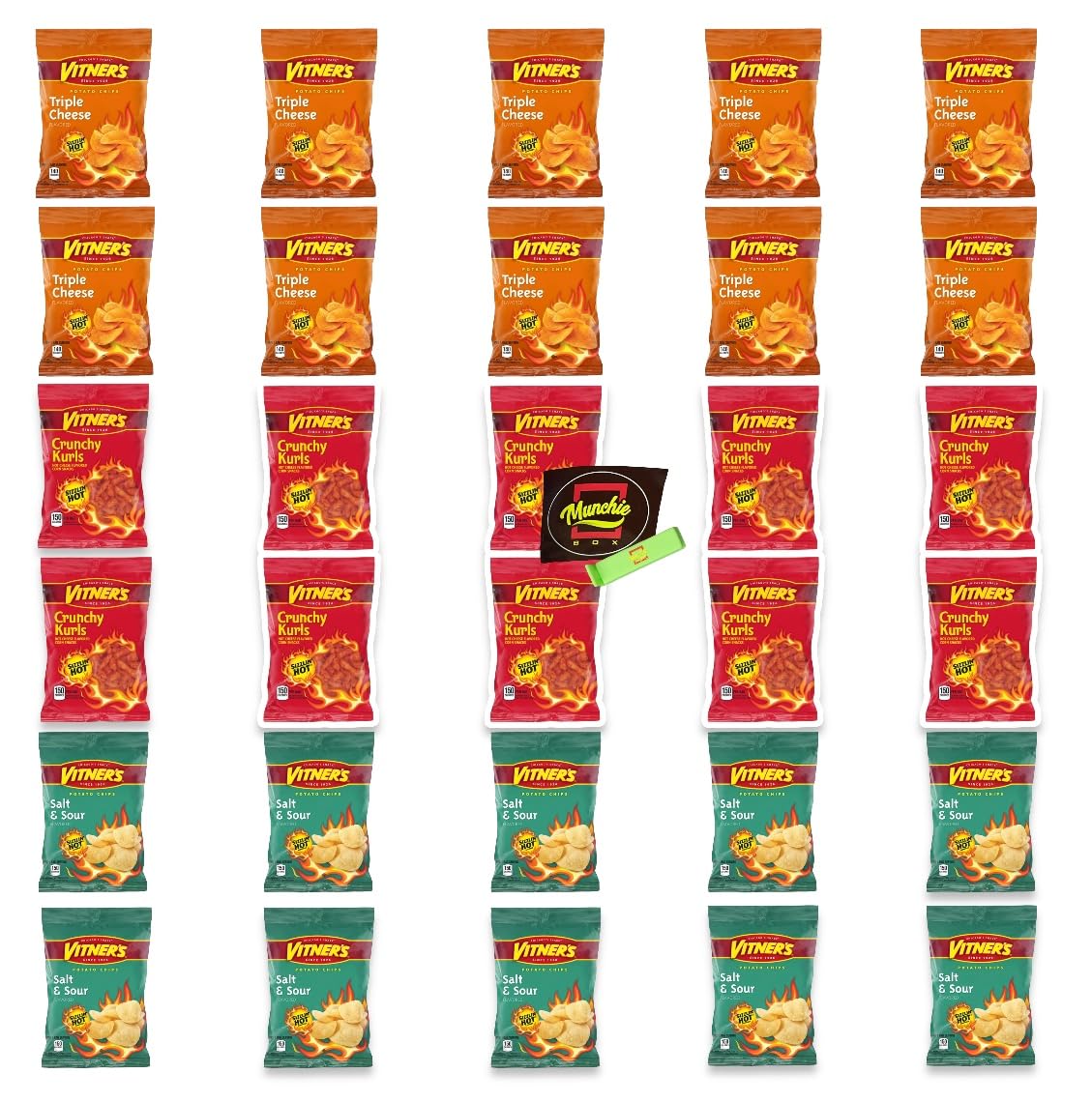 VITNER'S Sizzlin' Hot Assortment! Crunchy Curls, Triple Cheese, & Salt & Sour 30 1 oz Bags 10 Bags of each Flavor