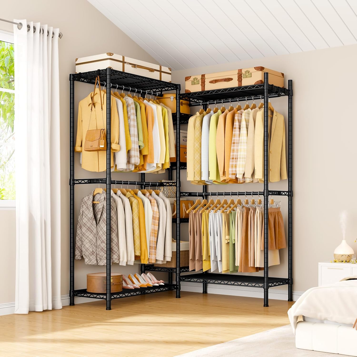 Ulif E4L L-shaped Clothes Rack for Corner, Heavy Duty Freestanding Garment Rack, Metal Clothing Organization Storage System with Shelves and Hangers, Max Load 962lbs, 42.7"W x 42.7"D x 79.3"H, Black