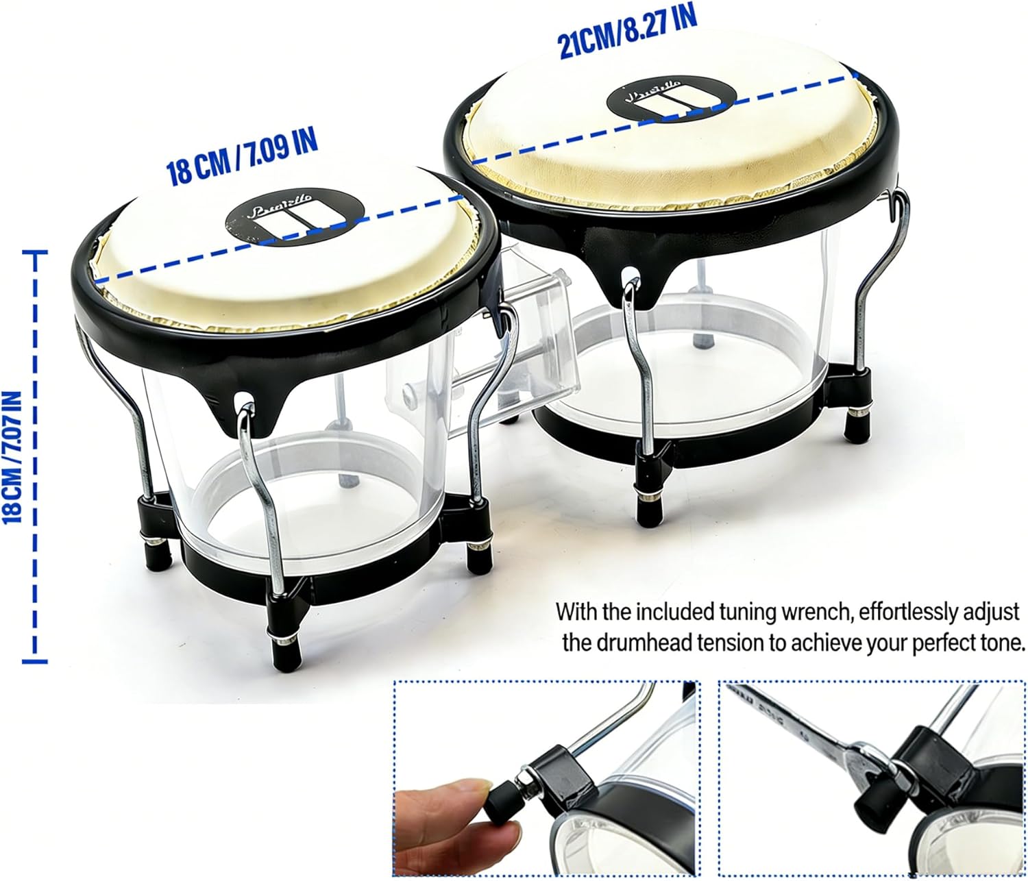Professional 7" and 8" Bongo Drum Acrylic Shell with Genuine Sheepskin Head, Tuning Wrench Included, Rich Resonant Sound for Beginners & Professionals, Hand Drum Percussion Instrument