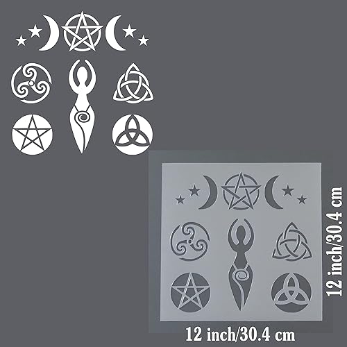 Miniatura 4 de Plantilla de símbolos de bruja Wicca de 12 x 12 pulgadas (6 en 1) en espiral, pentagrama, luna triple, triquetras