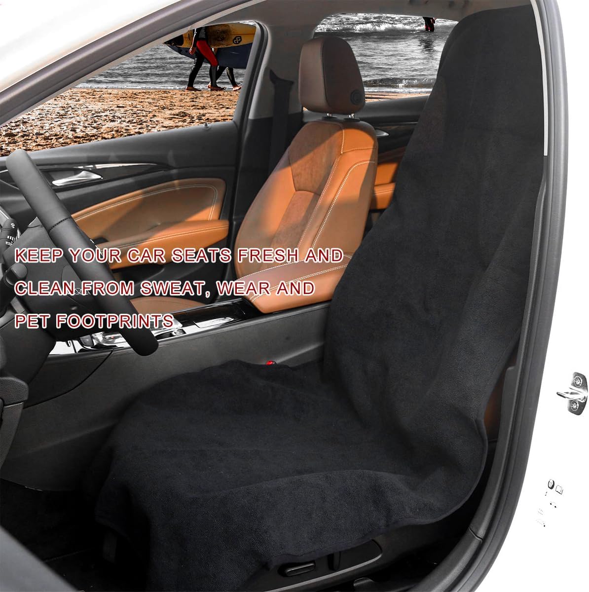 Car Towel Seat Cover, Waterproof Non-Slip Front Seat Protector for Post Gym Workout Beach Hiking, Sweatproof Washable Bucket Seat Protective Cover for Car SUV Truck Sedan (Beige)