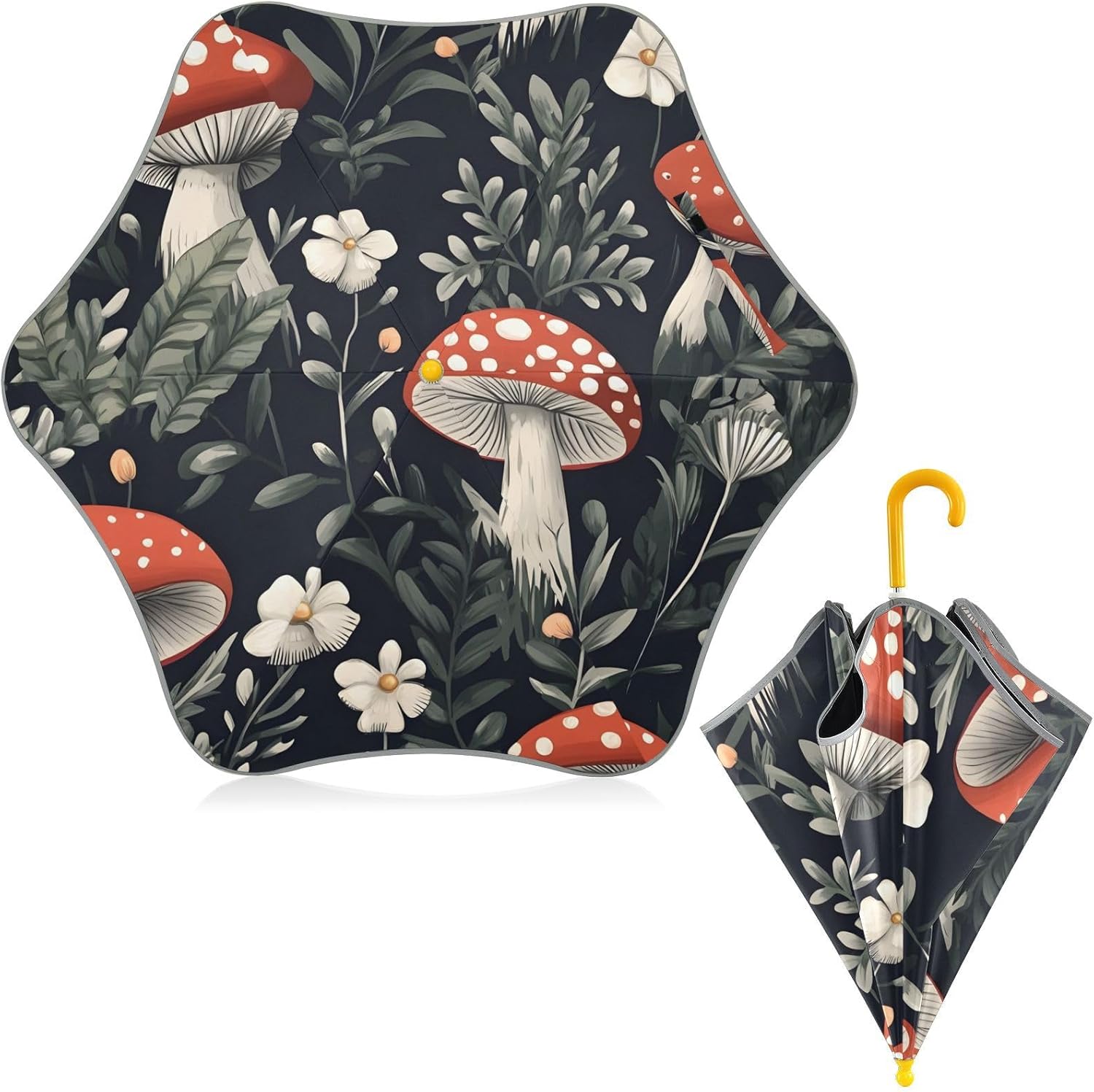 ODAWA Vintage Mushroom Black Kids Umbrella Stick Umbrella with Classic J Hook Curved Handle Sun Umbrellas Uv Protection