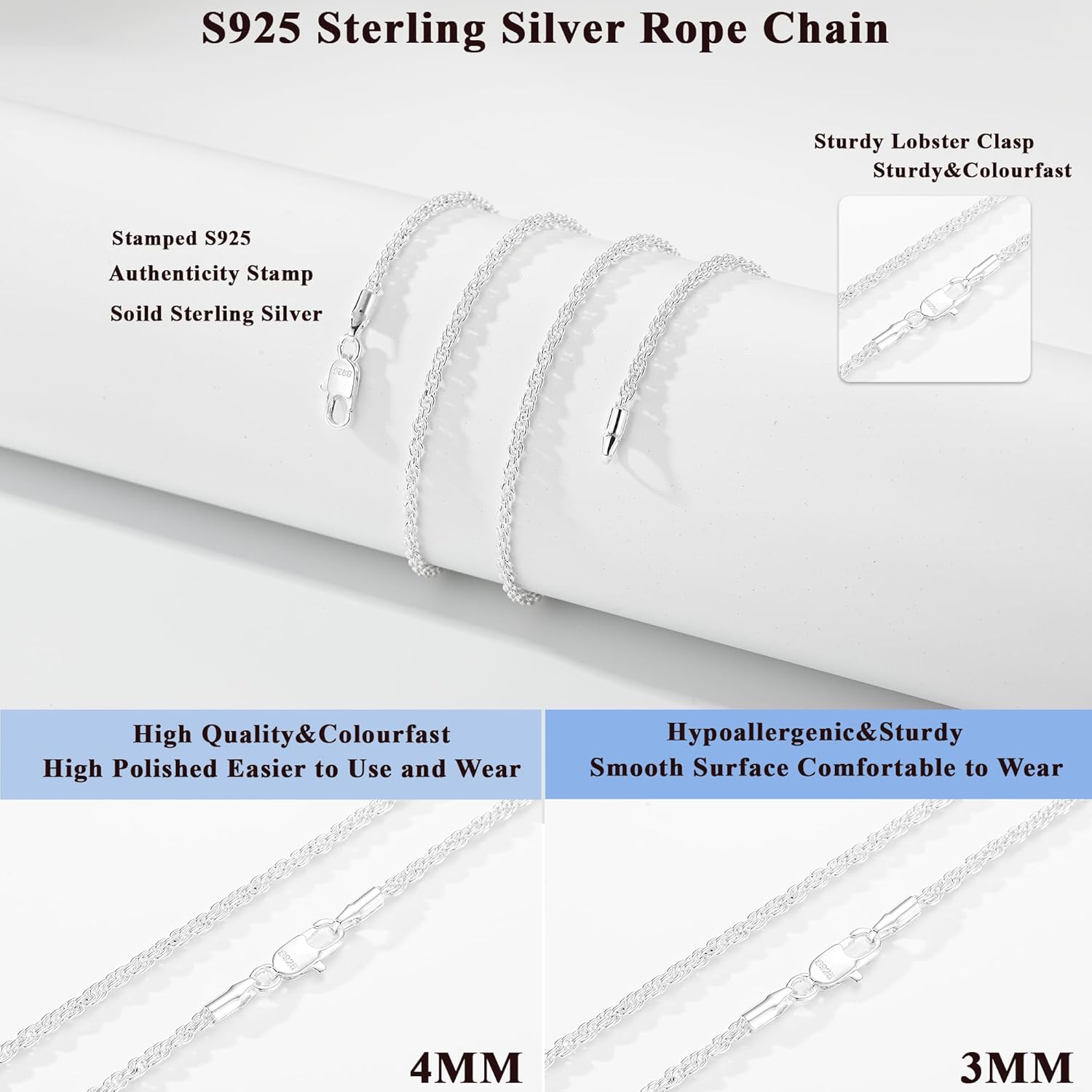 Avotto 925 Sterling Silver Solid 2.5mm 3mm Rope Chain Necklace for Men, Sturdy Non-Fading Mens Silver Chain Valentines Jewellery Gifts for Men 14/16/18/20/22/24 Inch - Image 4