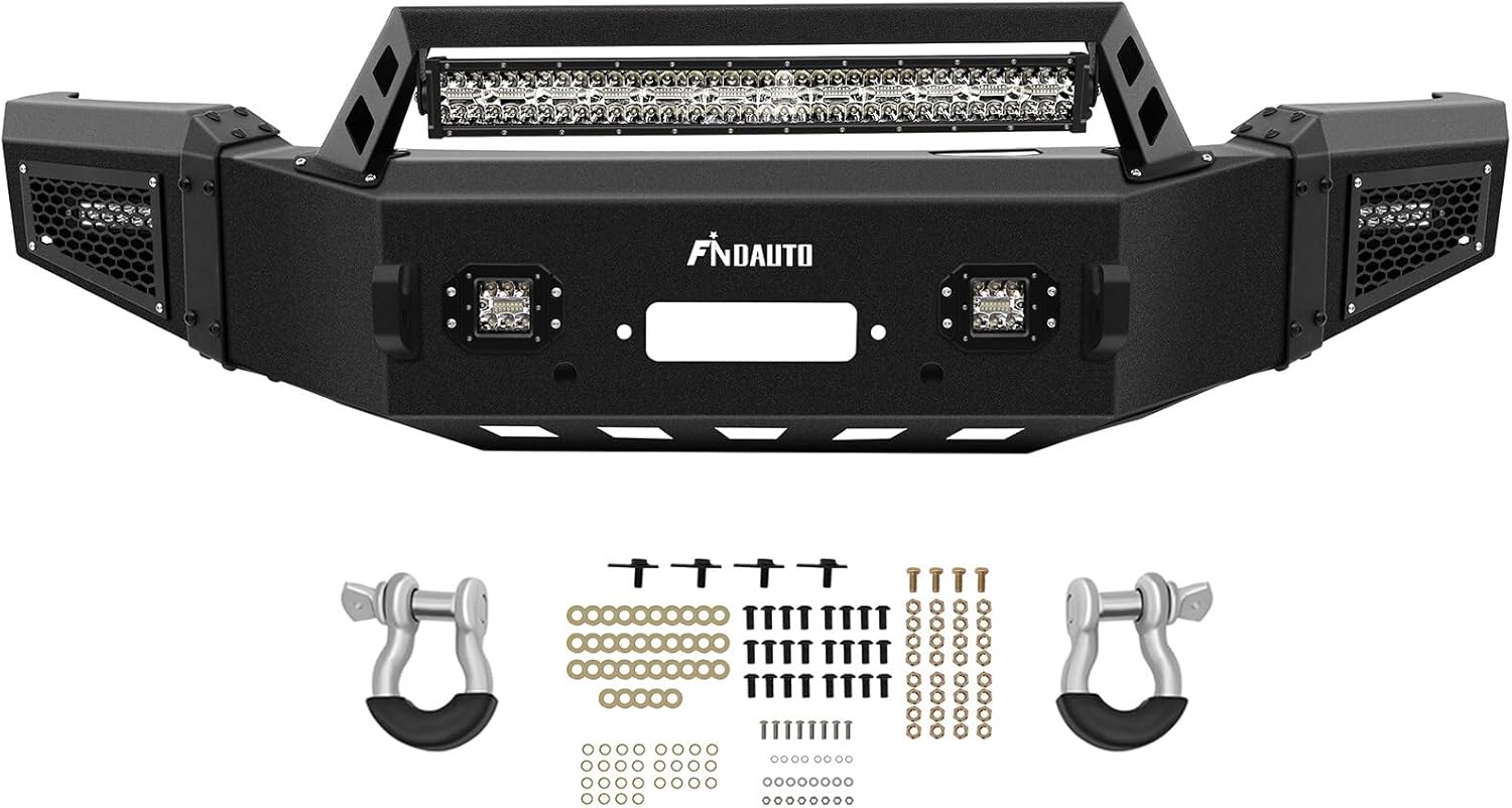 FINDAUTO Front Bumper Fit for 2018-2020 for Ford for F-150 W/Winch Plate & LED Lights & D-rings Upgraded Textured Black Rock Crawler Bumper