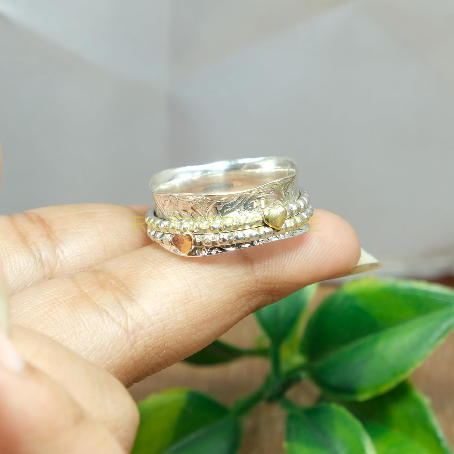 Handmade 925 Sterling Silver and Brass Unique Design Spinner Fidget Thumb Band Anxiety Yoga Meditation Spinning Statement Ring Gift Jewelry