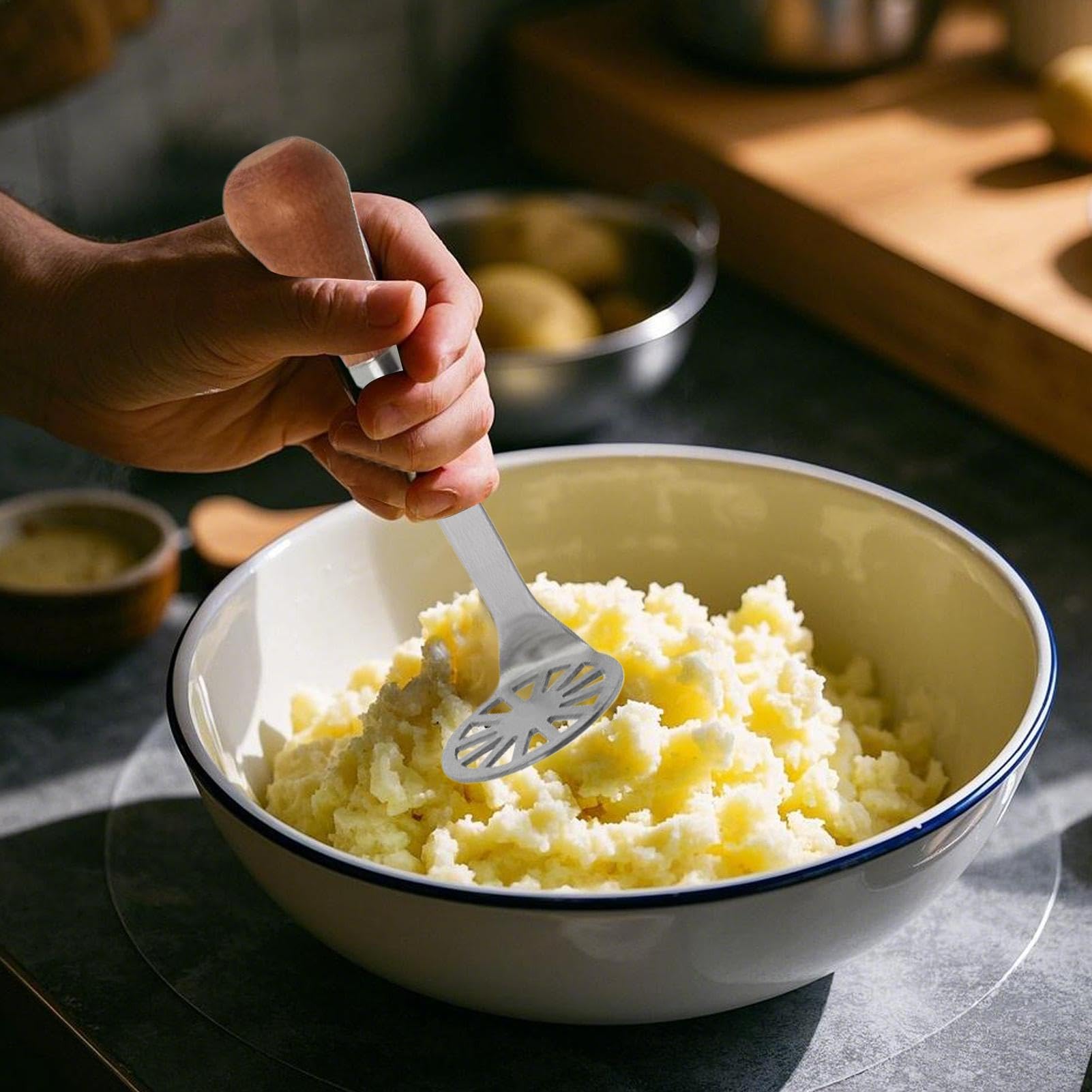 Masher De Frutas - Herramienta Eficiente De Utensilios De Cocina De Cocina - Machacador De Papa Compacto Con Mango De Madera, Ideal Para Frijoles, Verduras, Frutas, Carne