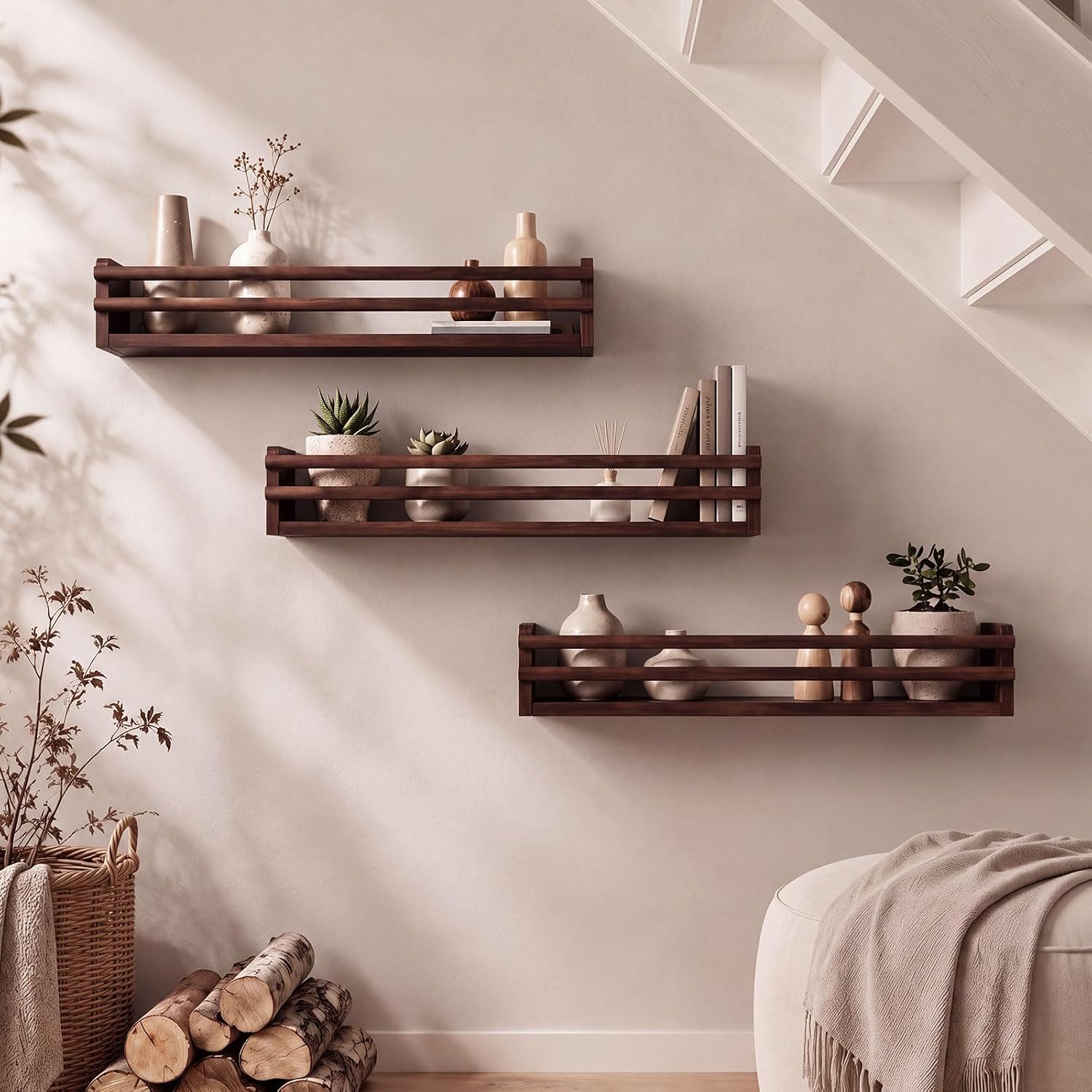3 Sets Wooden Plate Shelf for Wall 25 Inch Spice Rack, Walnut Wood