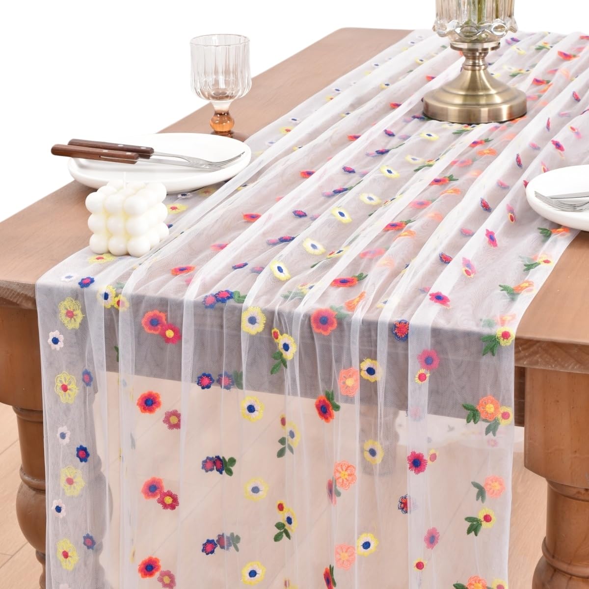 Flower Table Runner Floral Daisy Fall Wedding Birthday Party Home Decor | Ivory 10ft Embroidery Wildflower Tulle Seasonal Tea Party Bridal Shower