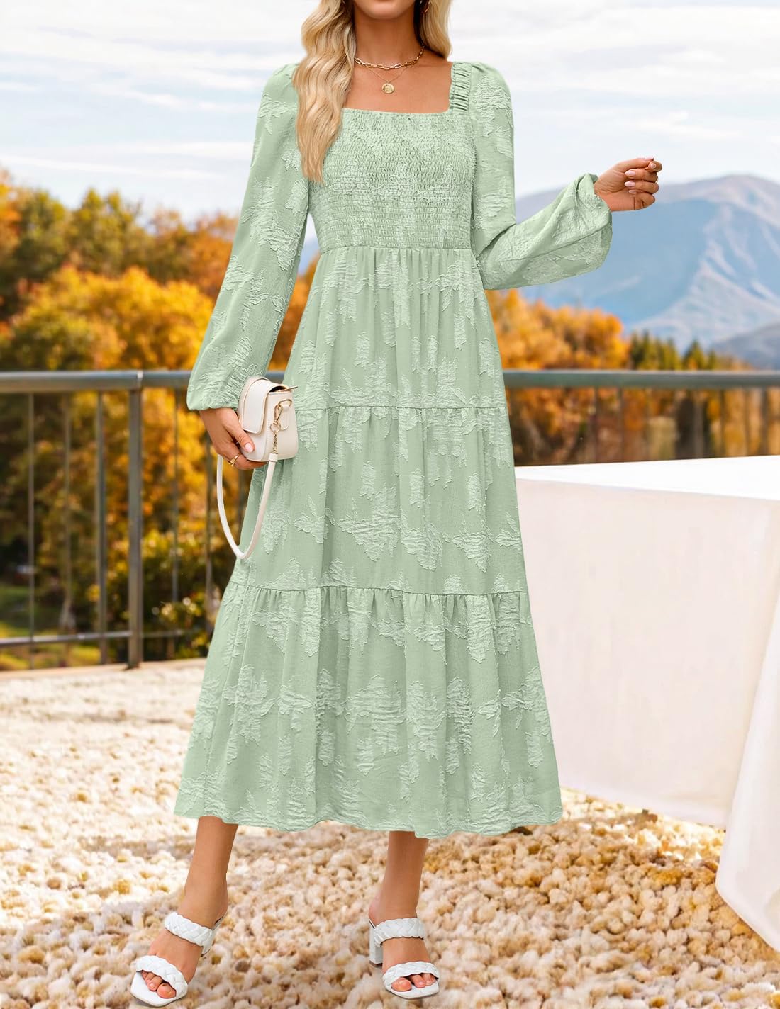 ZESICA Women's 2026 Spring Floral Midi Dress Long Sleeve Smocked Flowy Long Wedding Guest Vacation Dresses - Image 2