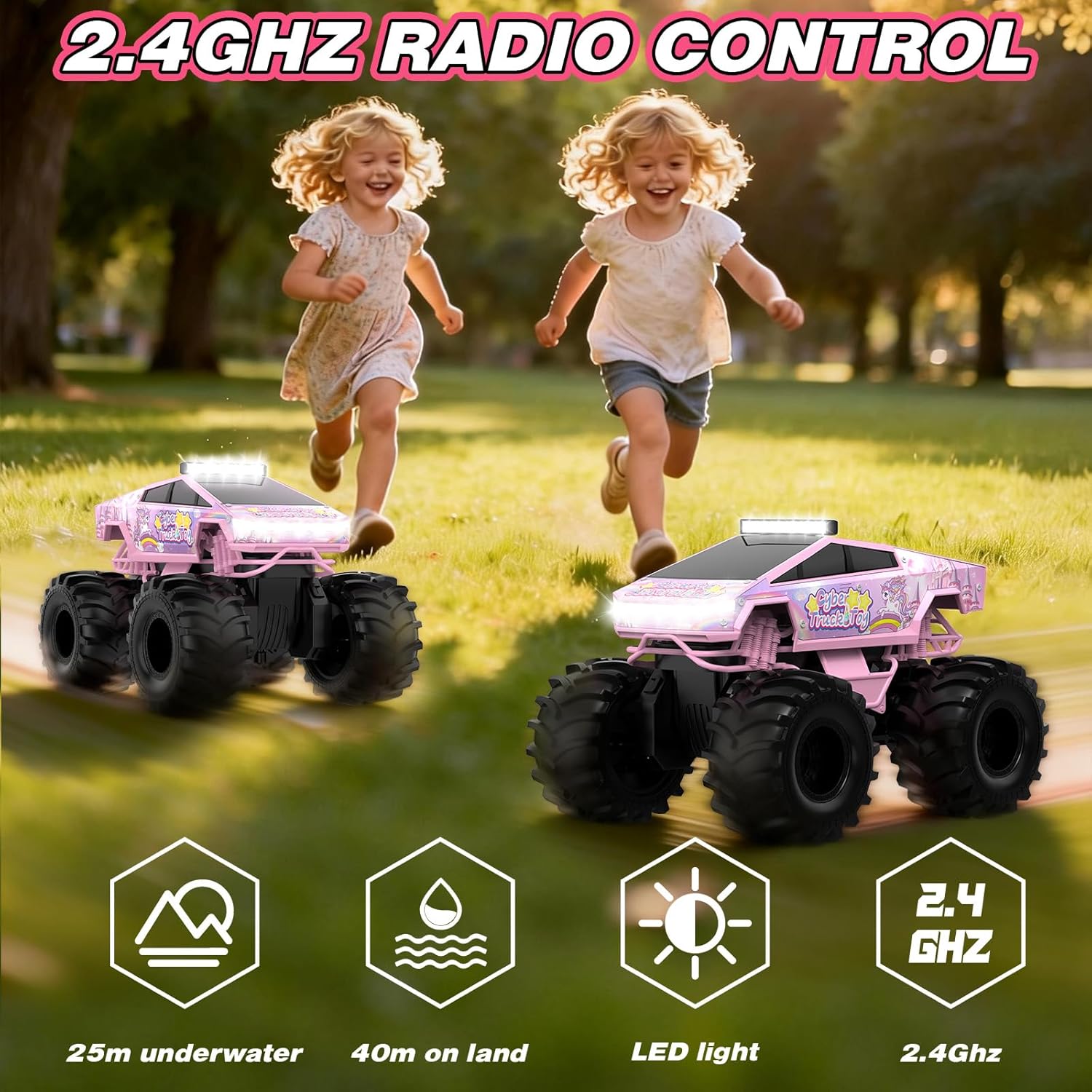 Cokzer Unicorn Cyber Truck Remote Control Car, 1:18 Girl Remote Control Car, 2.4 GHz Waterproof Amphibious RC Cars, 4WD All Terrain Off-Road Pickup for Girls Christmas Birthday Gifts Ages 6+ (Pink)