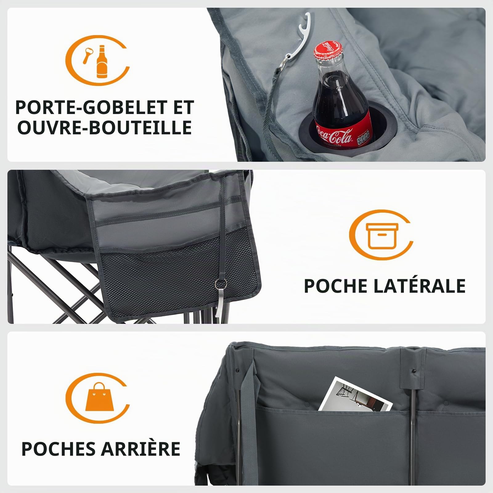 Portal Canapé de camping pliable à double rembourrage pour adultes – Grand fauteuil matelassé de luxe – Chaise géante pour festival, jardin, pelouse, pique-nique – Charge maximale