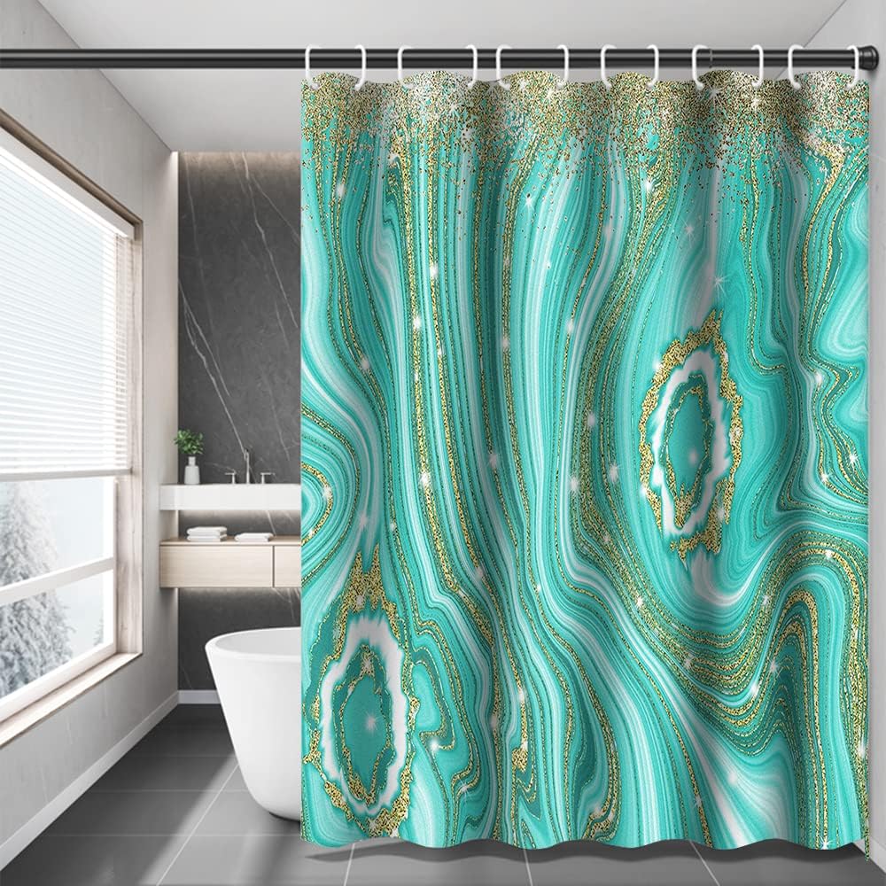 Turquoise Marble Shower Curtain 72x78 Inch Abstract Gold Quicksand Glitter Modern Artistic Luxury Home Decorative Polyester Waterproof Fabric Bathroom Shower Curtain Sets with Hooks