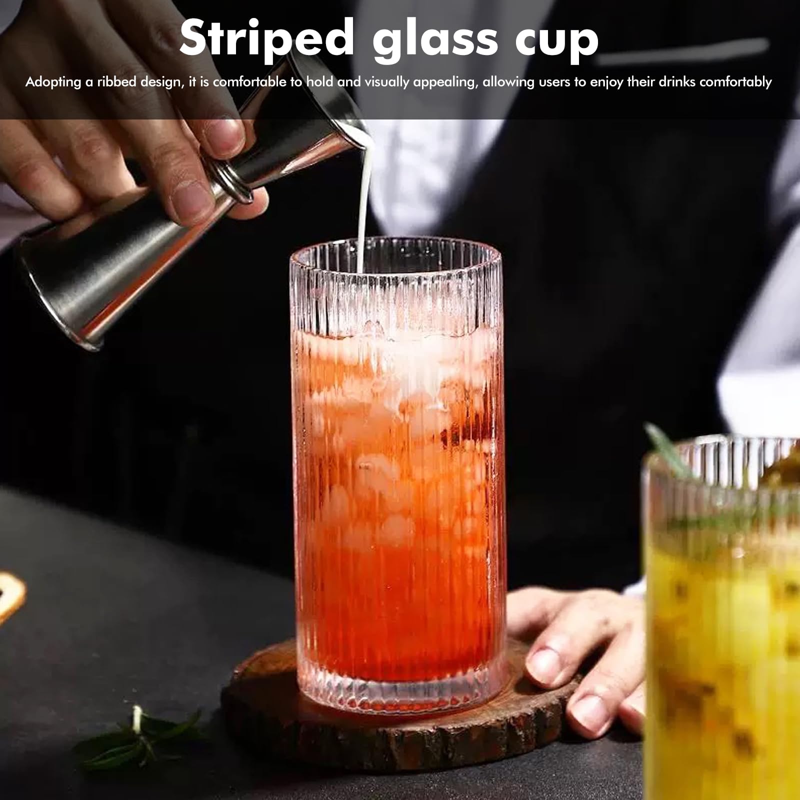 Set di 4 bicchieri lunghi drink scanalati da 360 ml: tazze da caffè, bicchieri in vetro trasparente, vetro di alta qualità, tazze da caffè per tè, latte, whisky, succhi, mojito