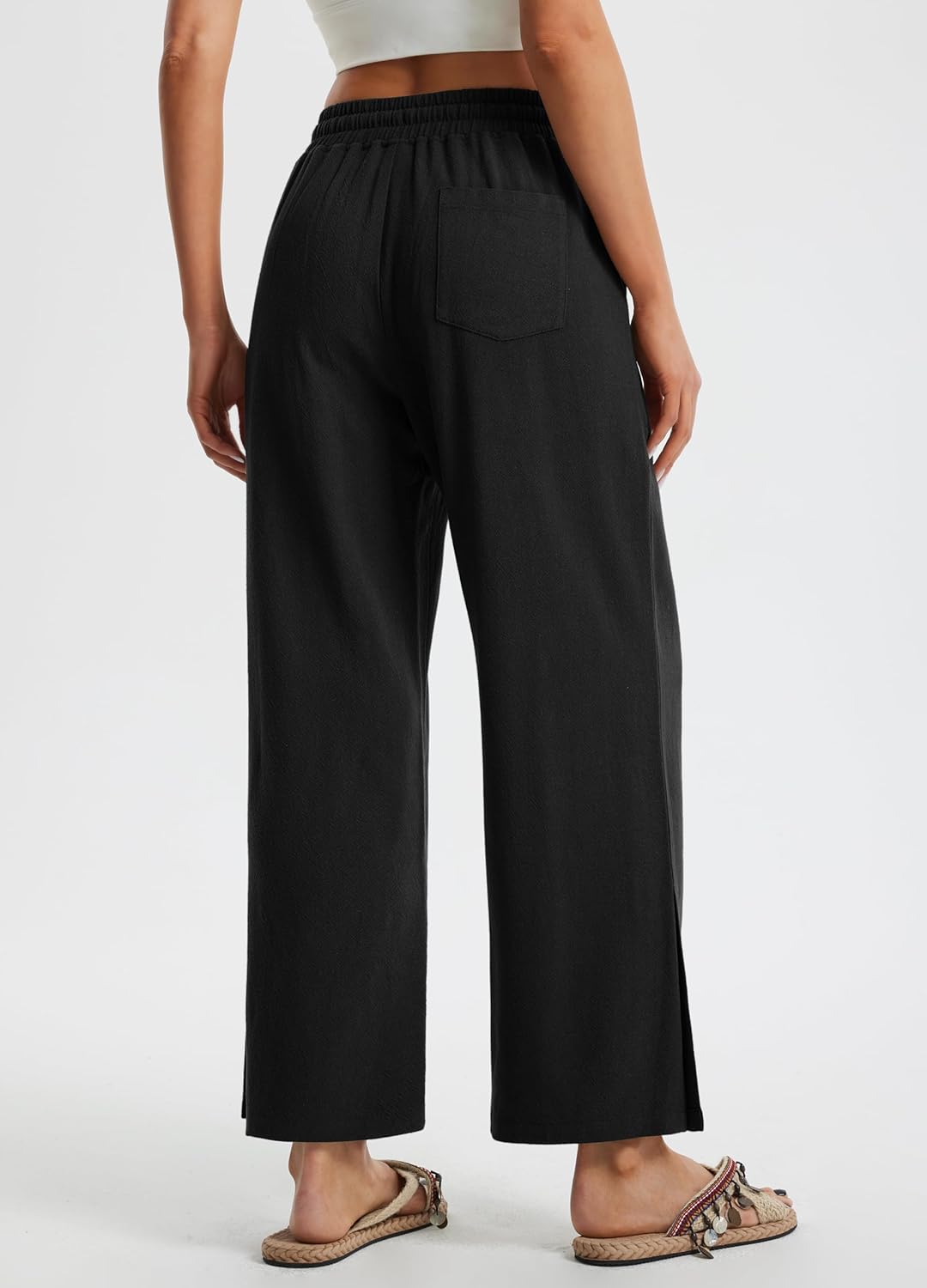 Libin Women Linen Pants Wide Leg Side Slit Ankle Pants High Waist Drawstring Casual Palazzo Loose Beach Pant Cropped Trousers - Image 4