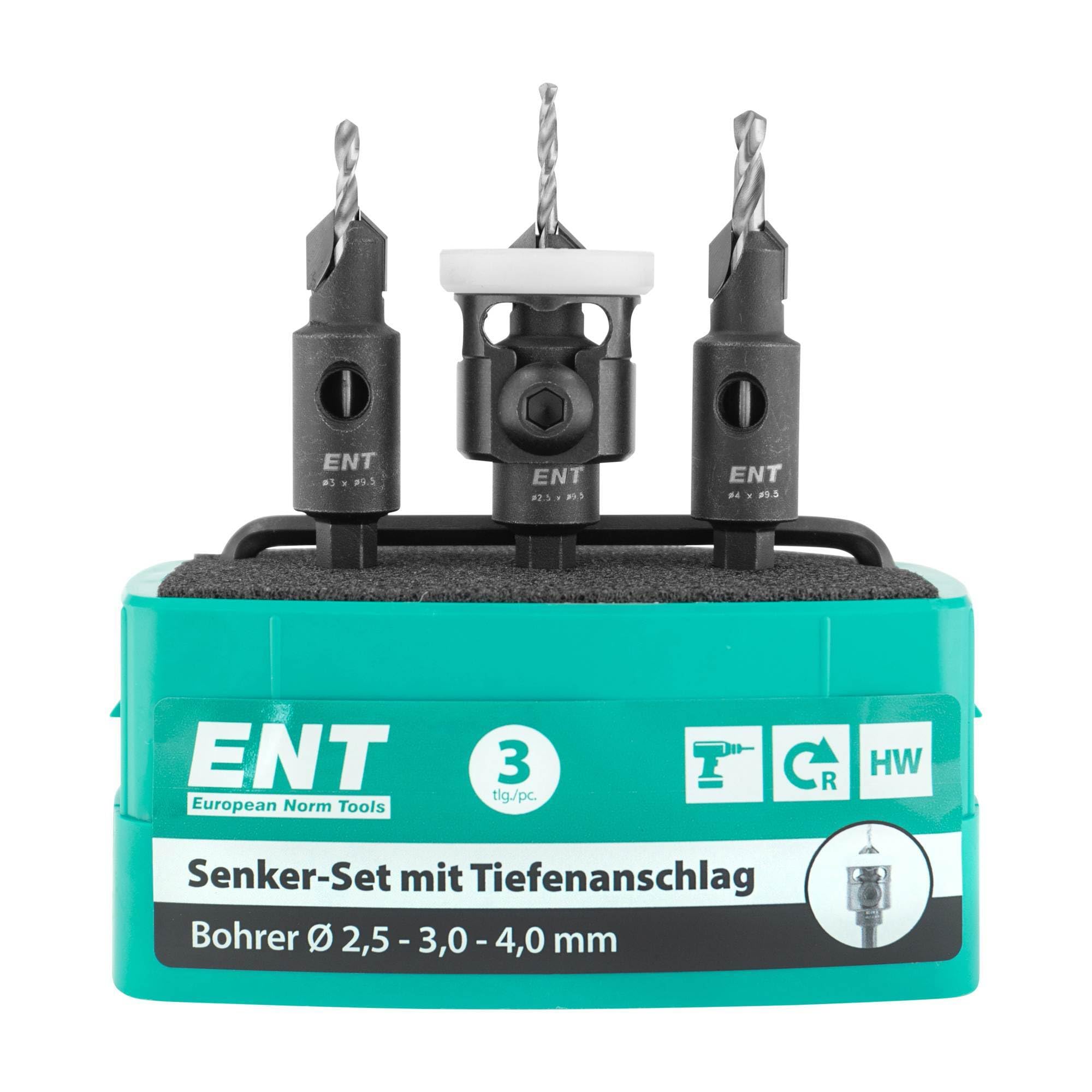 ENT 52400 Senker-Set mit Tiefenanschlag HW Bohrer (D2) 2,5-3,0-4,0 mm, Versenker (D1) 9,5 mm, GL 60 mm, S 1/4" 6-kant